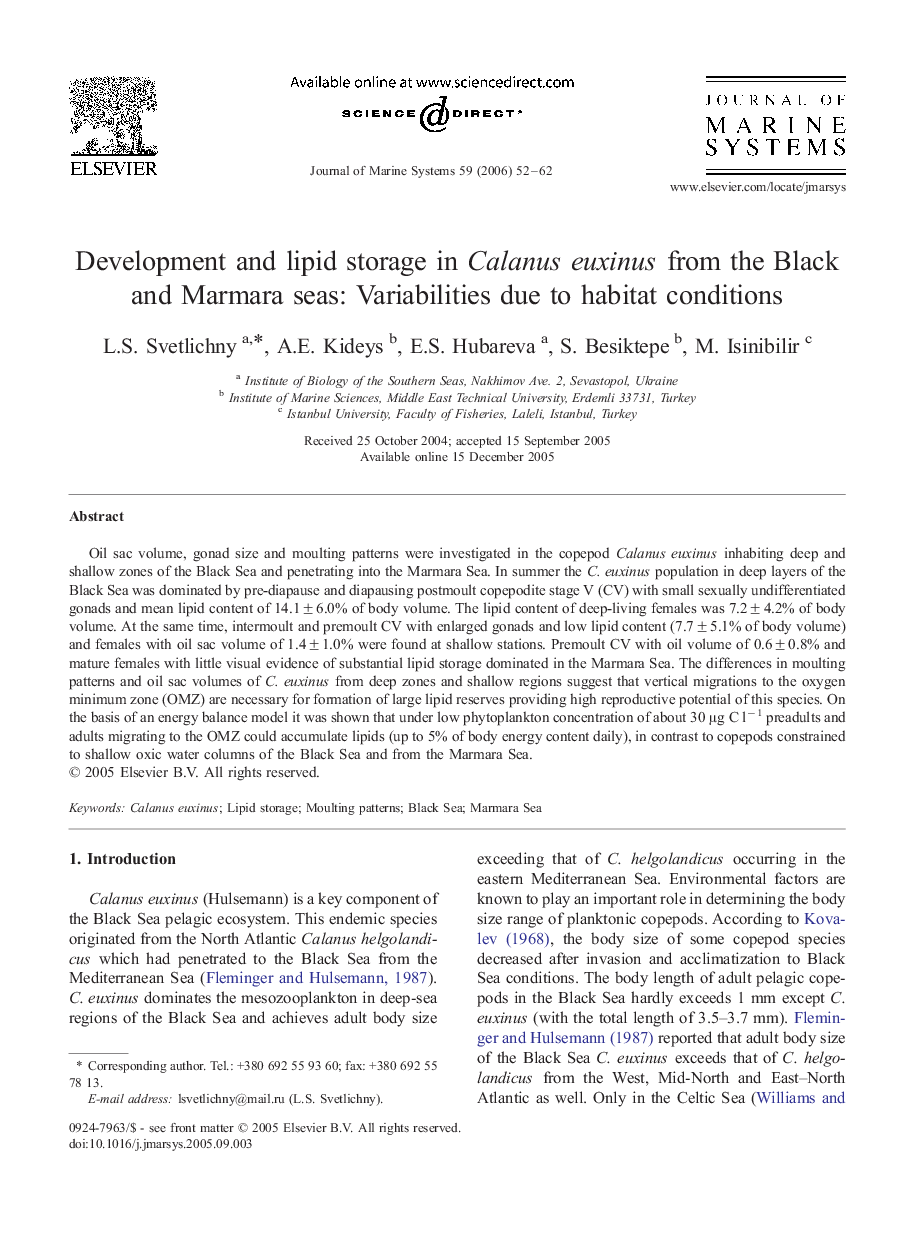 Development and lipid storage in Calanus euxinus from the Black and Marmara seas: Variabilities due to habitat conditions