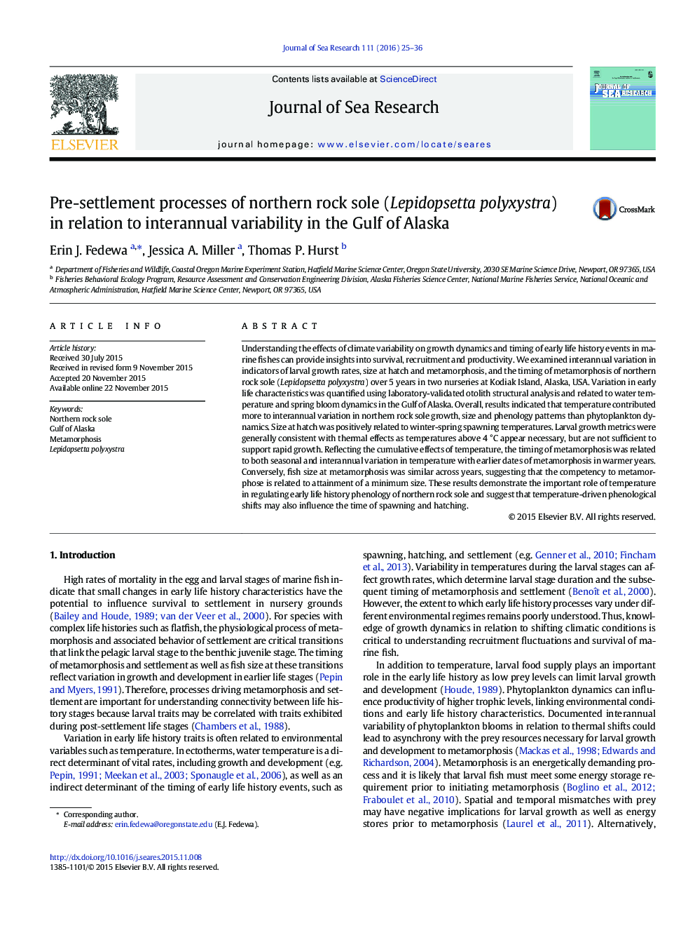 Pre-settlement processes of northern rock sole (Lepidopsetta polyxystra) in relation to interannual variability in the Gulf of Alaska