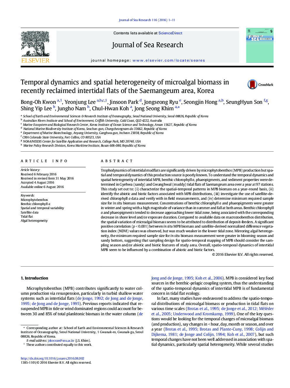 Temporal dynamics and spatial heterogeneity of microalgal biomass in recently reclaimed intertidal flats of the Saemangeum area, Korea