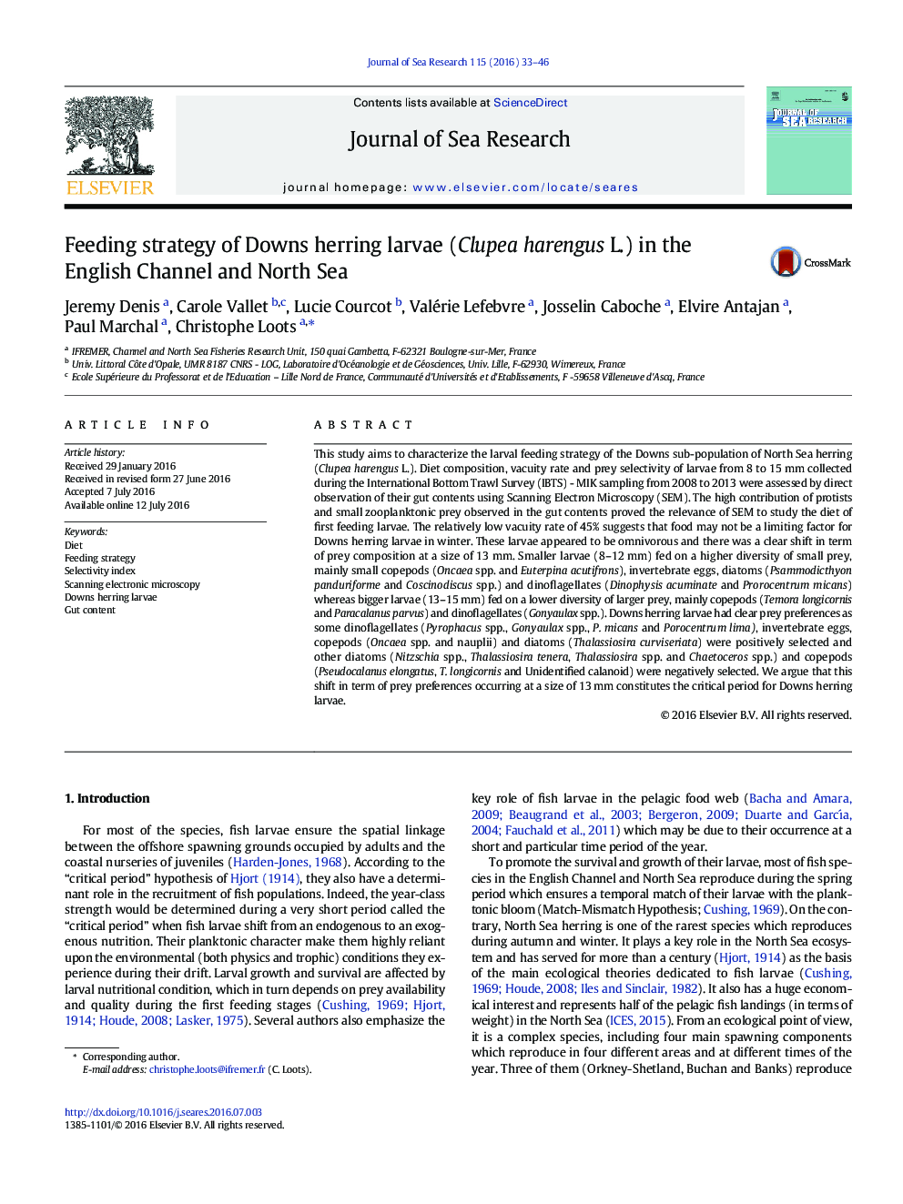 Feeding strategy of Downs herring larvae (Clupea harengus L.) in the English Channel and North Sea