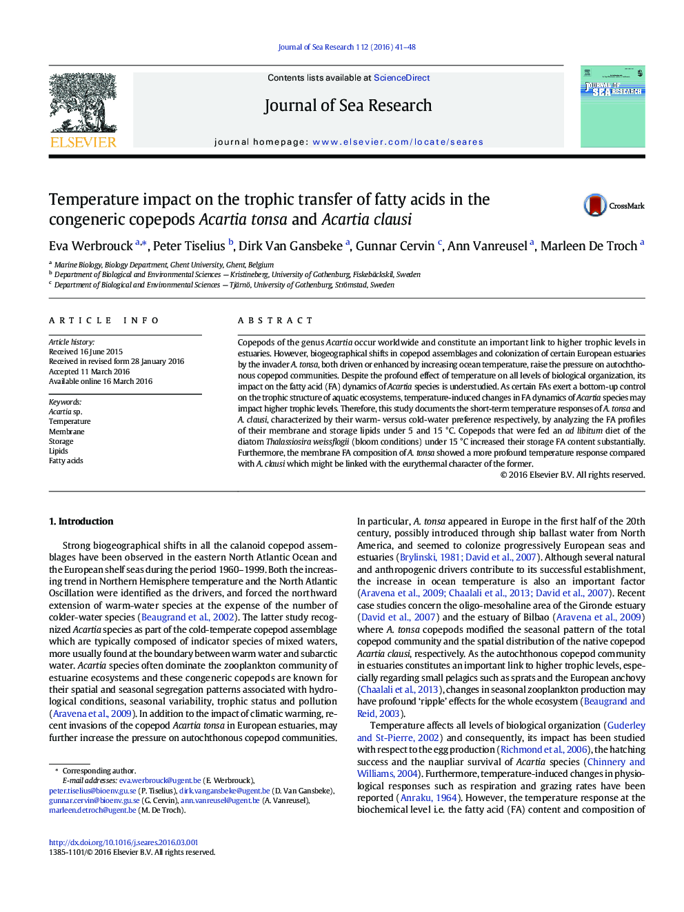 Temperature impact on the trophic transfer of fatty acids in the congeneric copepods Acartia tonsa and Acartia clausi