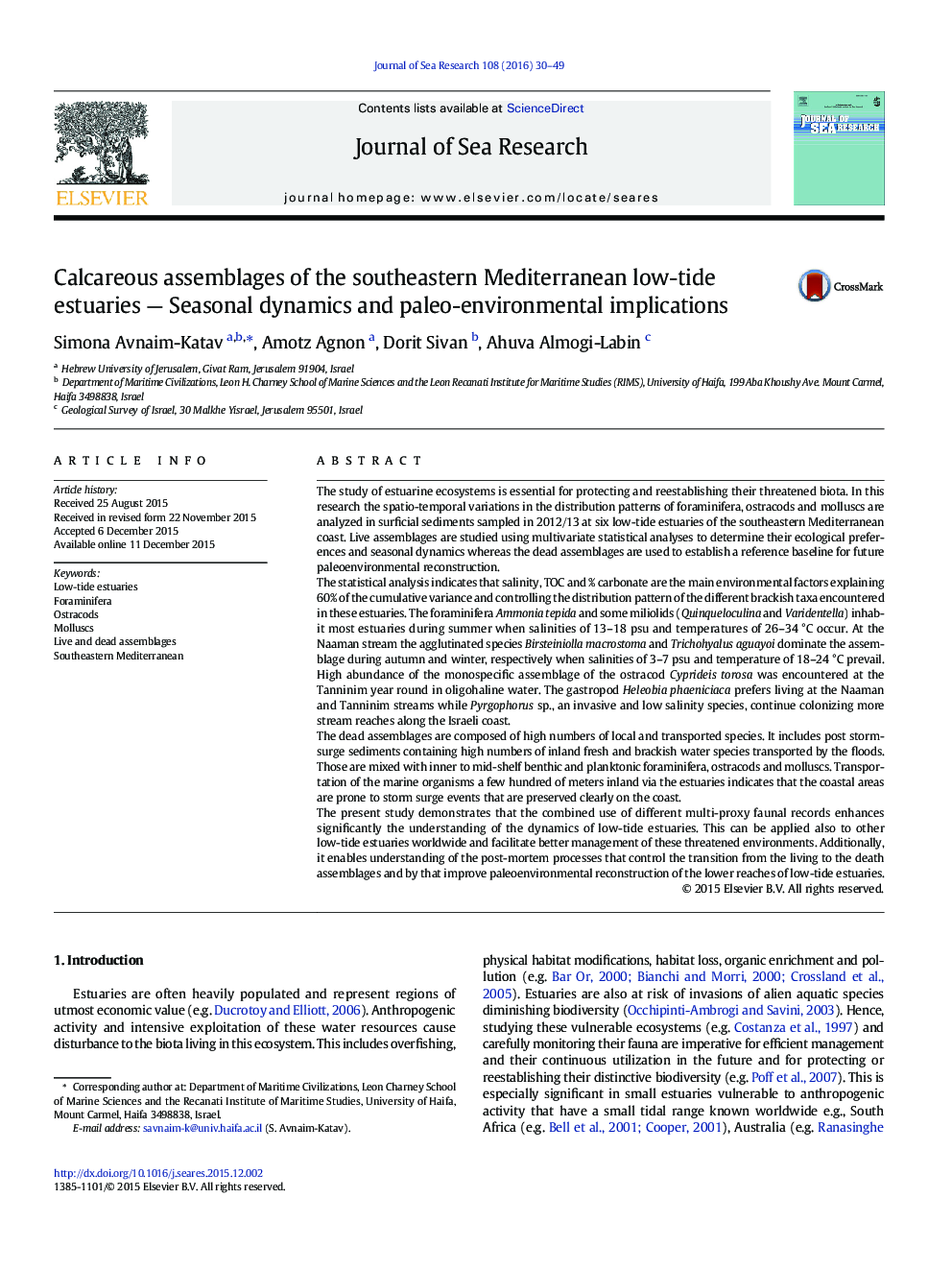 Calcareous assemblages of the southeastern Mediterranean low-tide estuaries — Seasonal dynamics and paleo-environmental implications