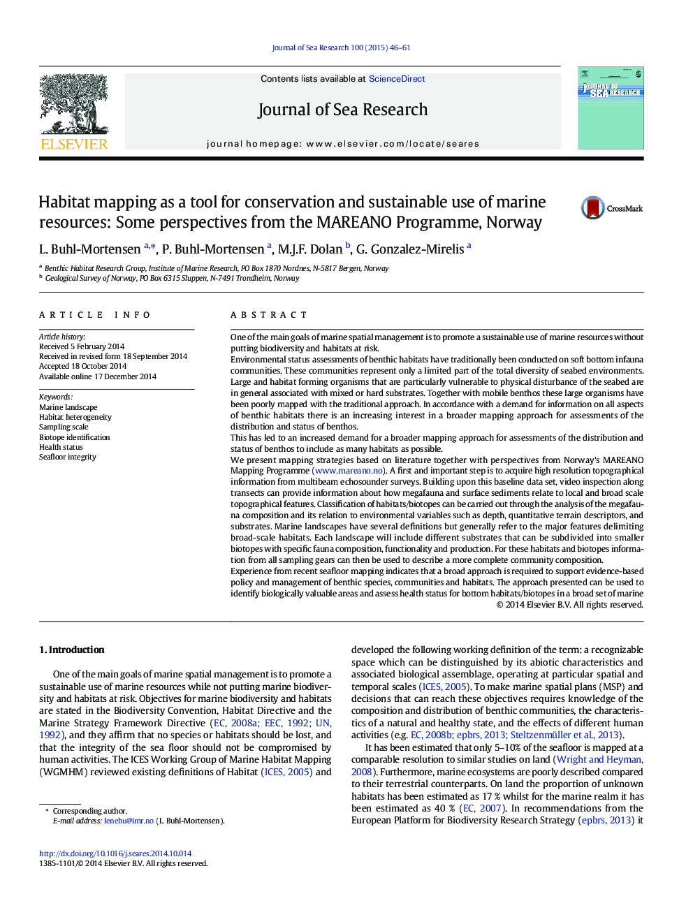 Habitat mapping as a tool for conservation and sustainable use of marine resources: Some perspectives from the MAREANO Programme, Norway