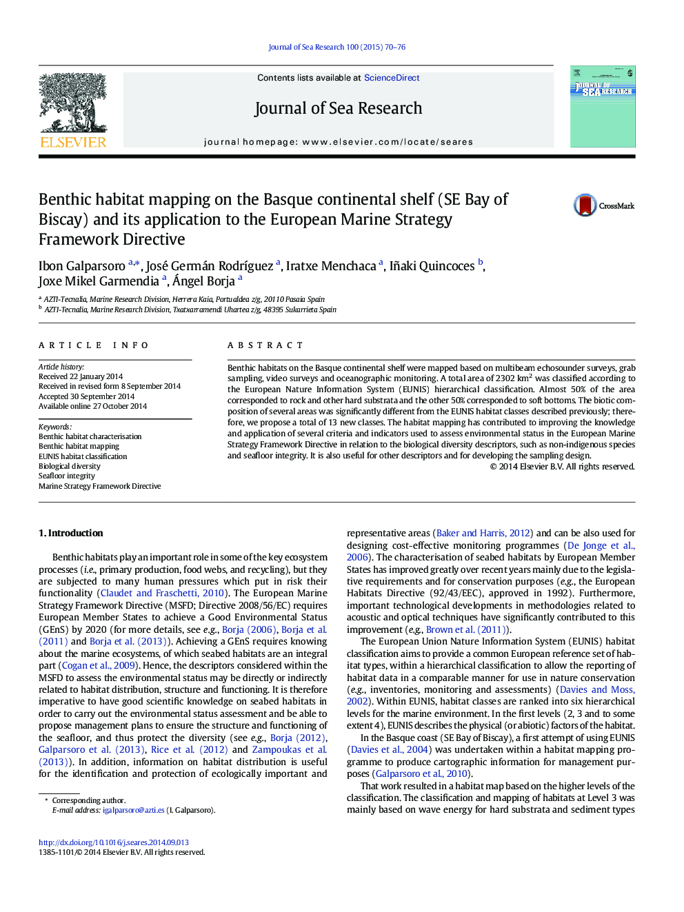 Benthic habitat mapping on the Basque continental shelf (SE Bay of Biscay) and its application to the European Marine Strategy Framework Directive