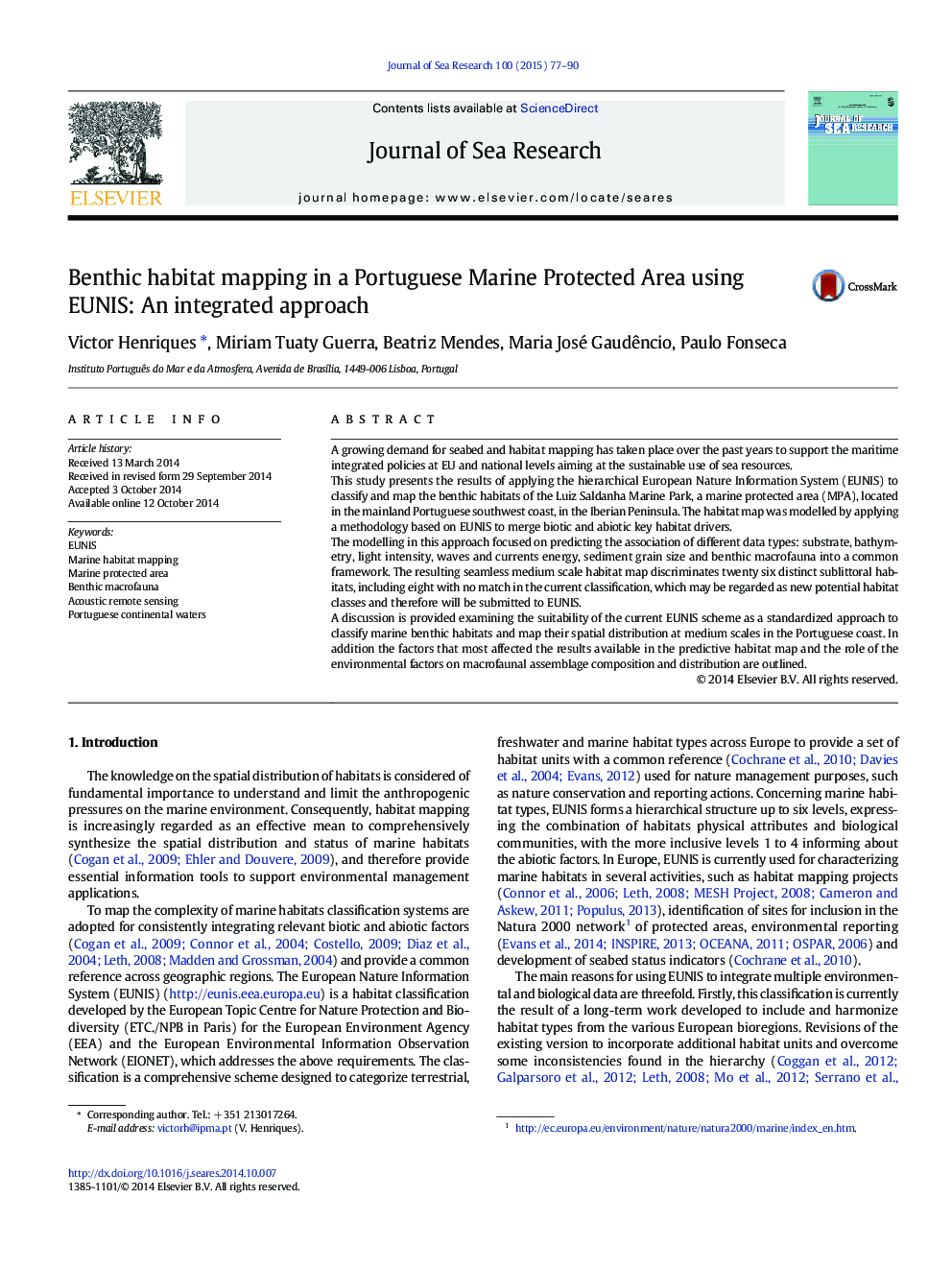 Benthic habitat mapping in a Portuguese Marine Protected Area using EUNIS: An integrated approach