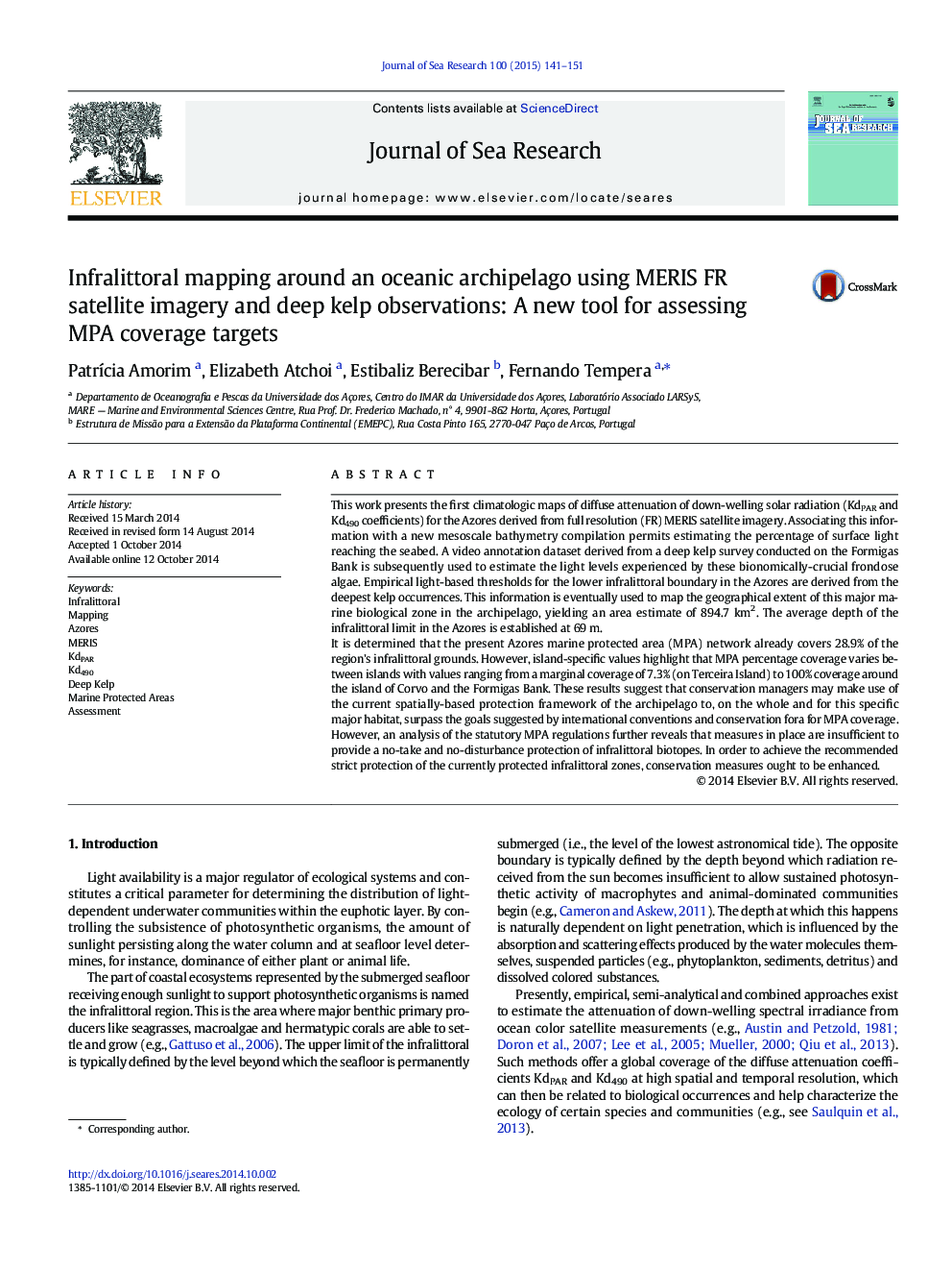 Infralittoral mapping around an oceanic archipelago using MERIS FR satellite imagery and deep kelp observations: A new tool for assessing MPA coverage targets