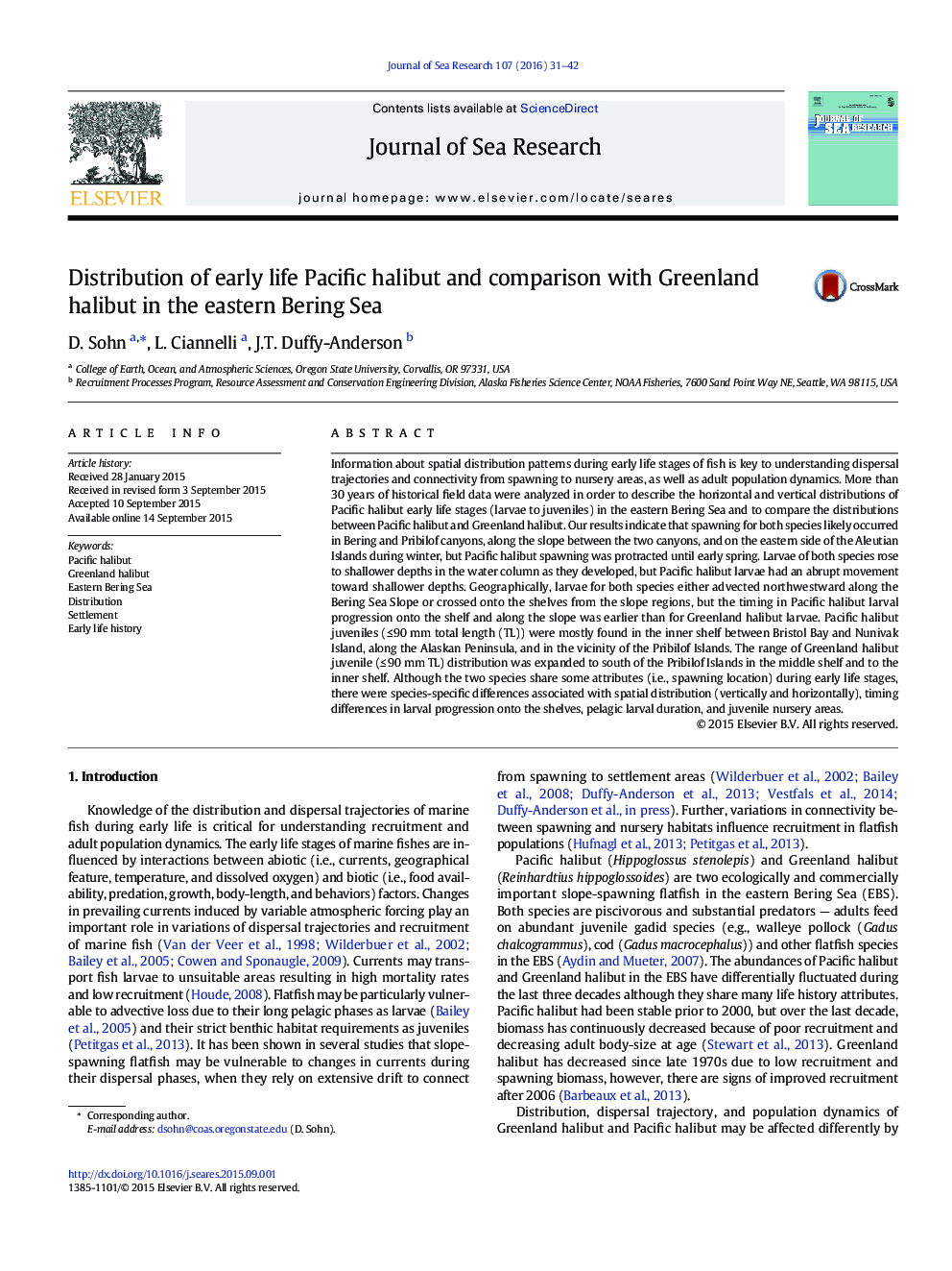 Distribution of early life Pacific halibut and comparison with Greenland halibut in the eastern Bering Sea