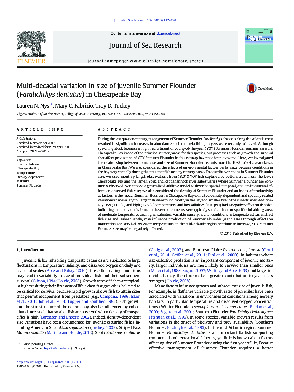 Multi-decadal variation in size of juvenile Summer Flounder (Paralichthys dentatus) in Chesapeake Bay