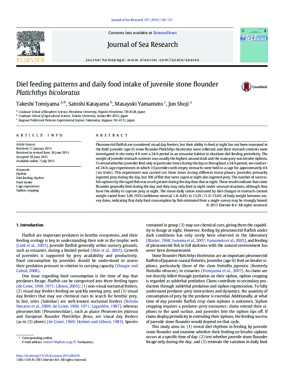 Diel feeding patterns and daily food intake of juvenile stone flounder Platichthys bicoloratus