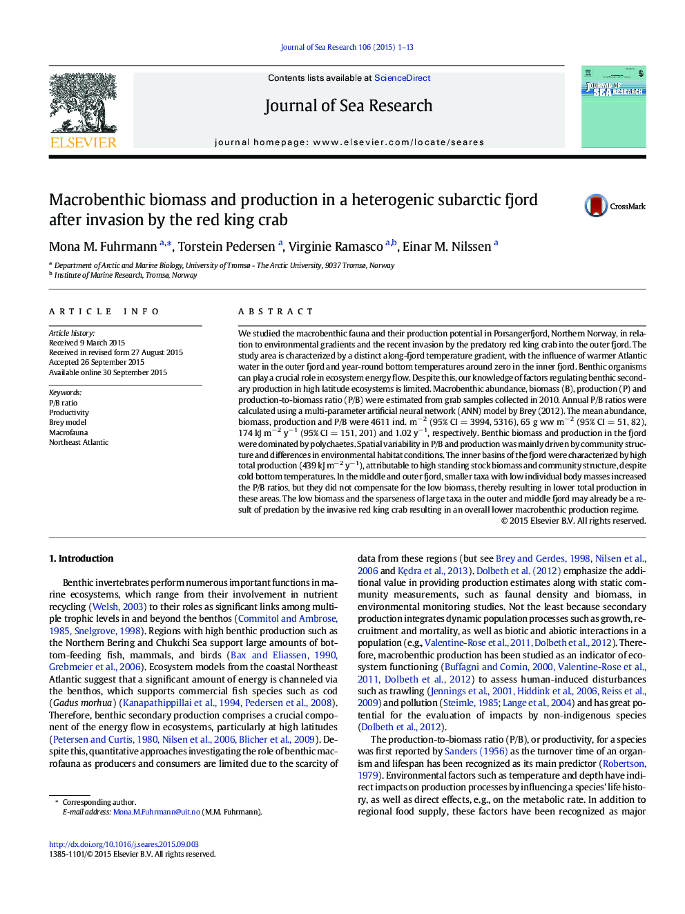 Macrobenthic biomass and production in a heterogenic subarctic fjord after invasion by the red king crab