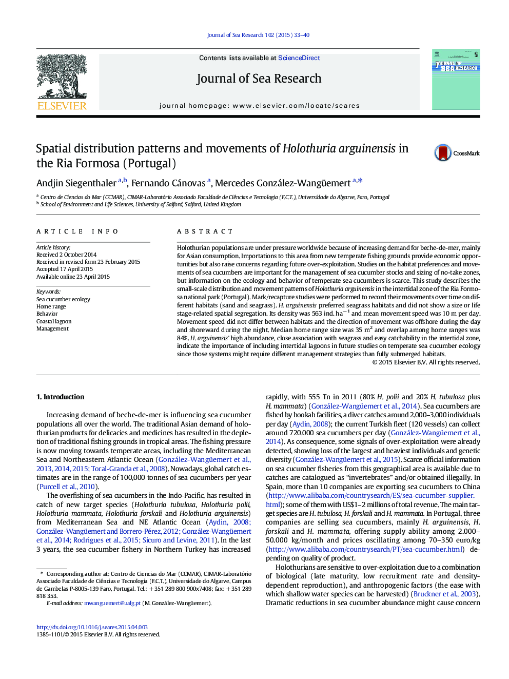 Spatial distribution patterns and movements of Holothuria arguinensis in the Ria Formosa (Portugal)