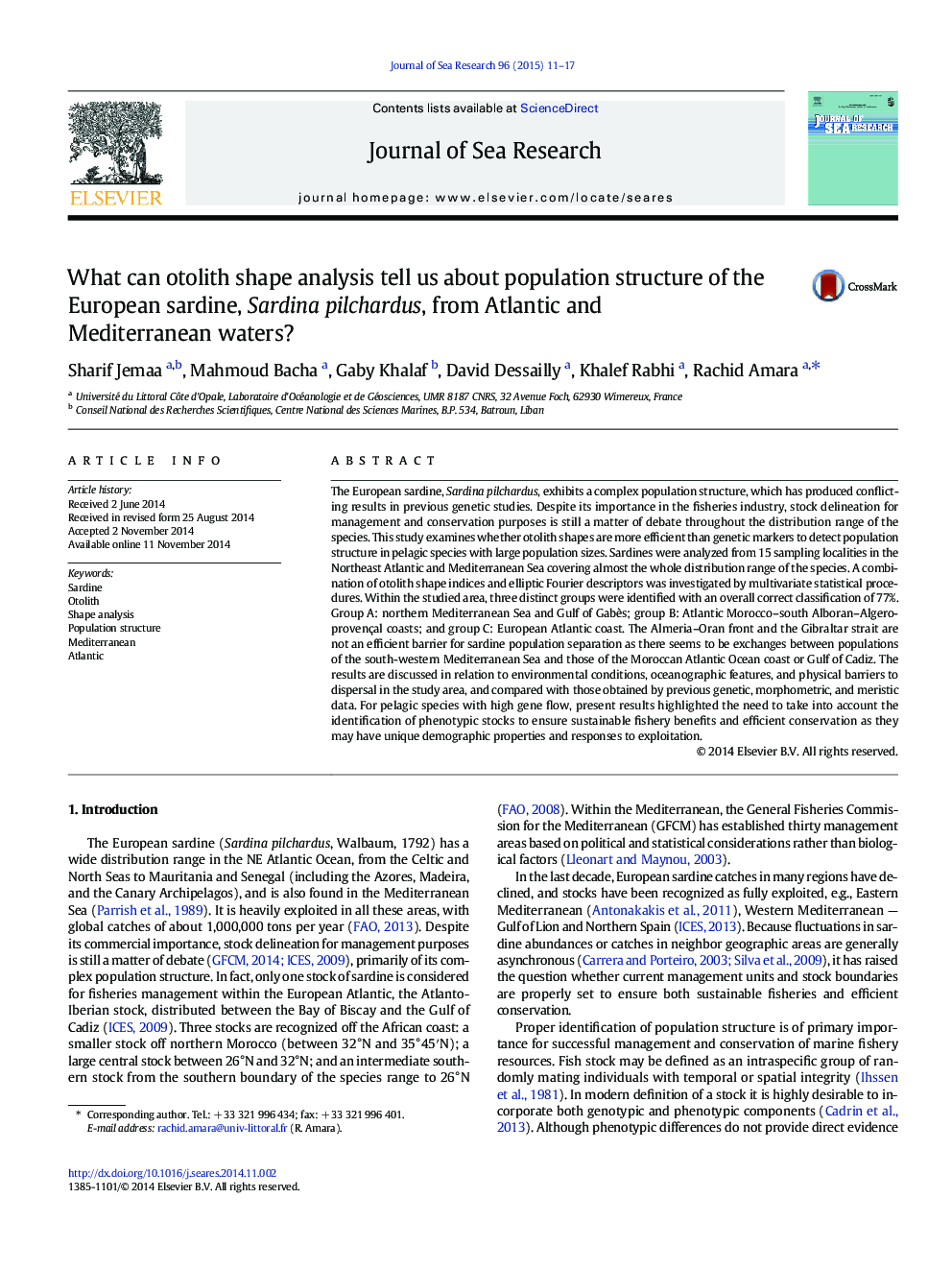 What can otolith shape analysis tell us about population structure of the European sardine, Sardina pilchardus, from Atlantic and Mediterranean waters?