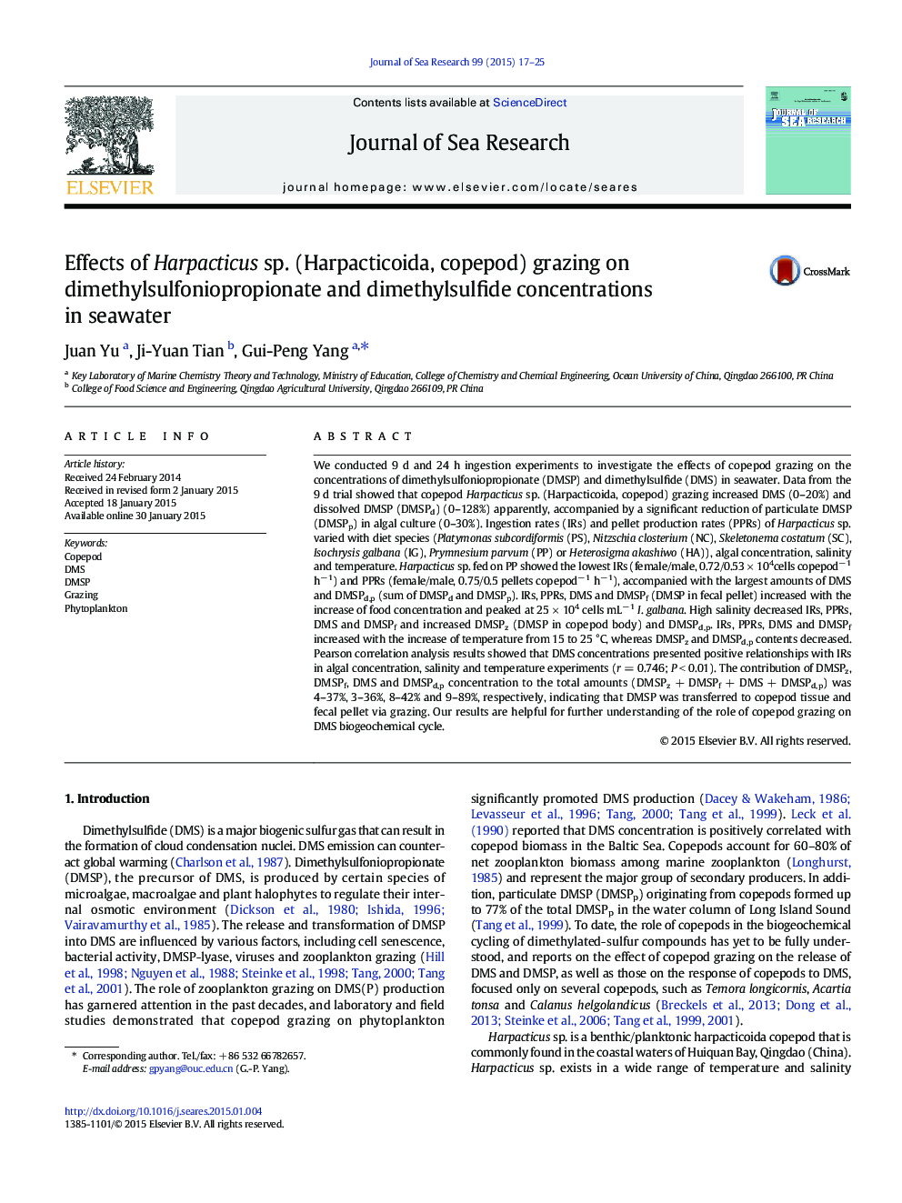 Effects of Harpacticus sp. (Harpacticoida, copepod) grazing on dimethylsulfoniopropionate and dimethylsulfide concentrations in seawater