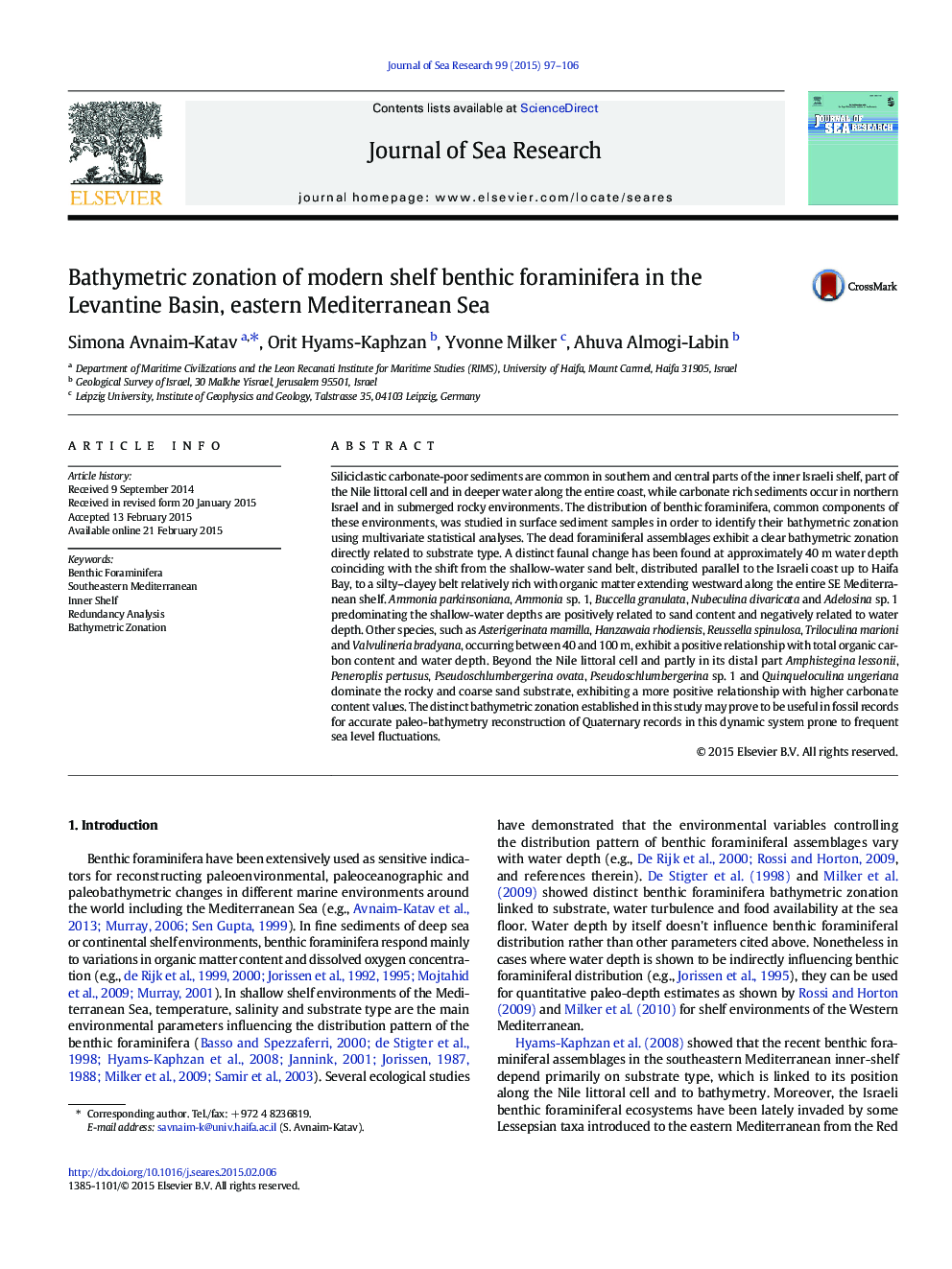 Bathymetric zonation of modern shelf benthic foraminifera in the Levantine Basin, eastern Mediterranean Sea