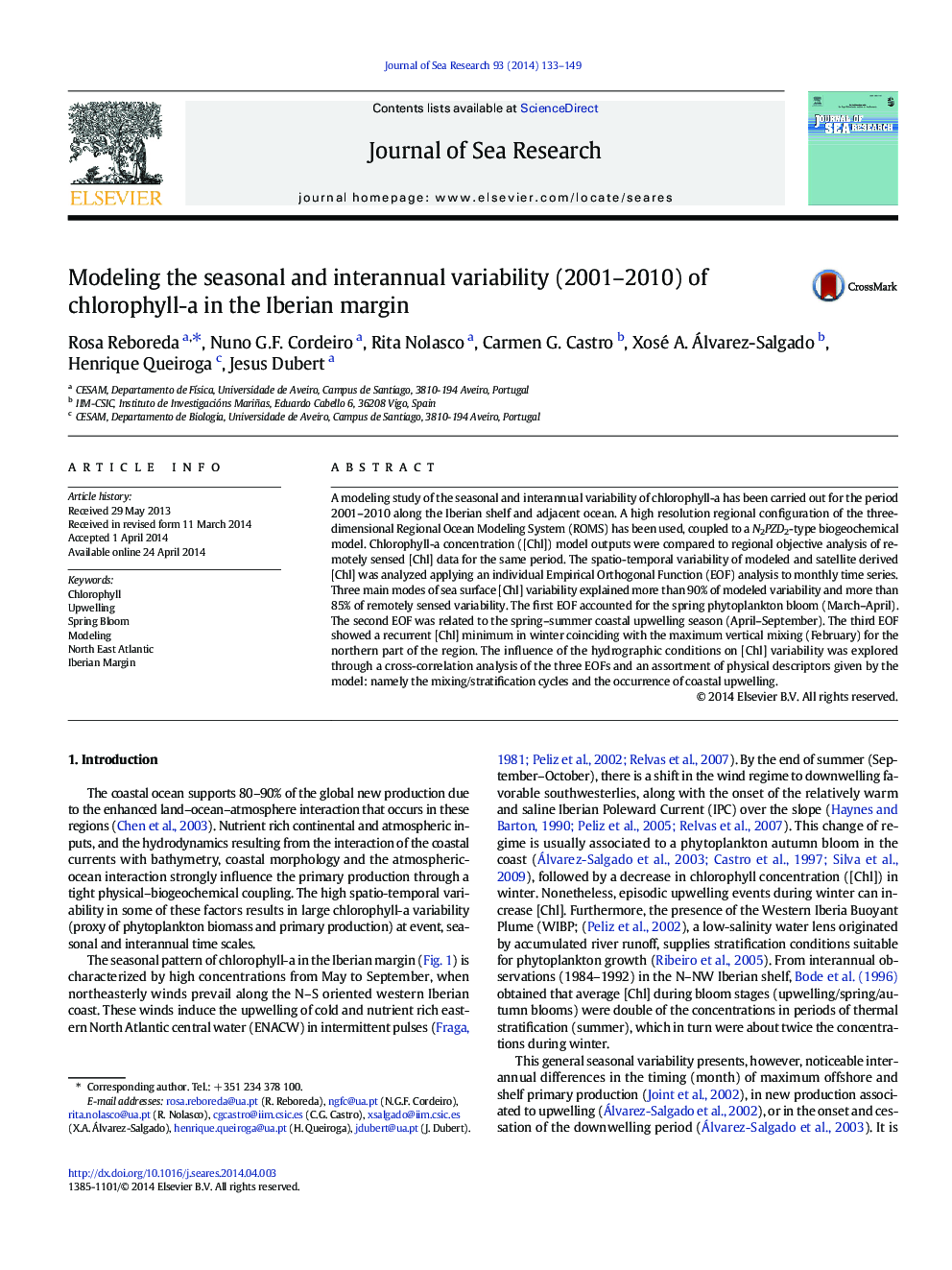 Modeling the seasonal and interannual variability (2001–2010) of chlorophyll-a in the Iberian margin