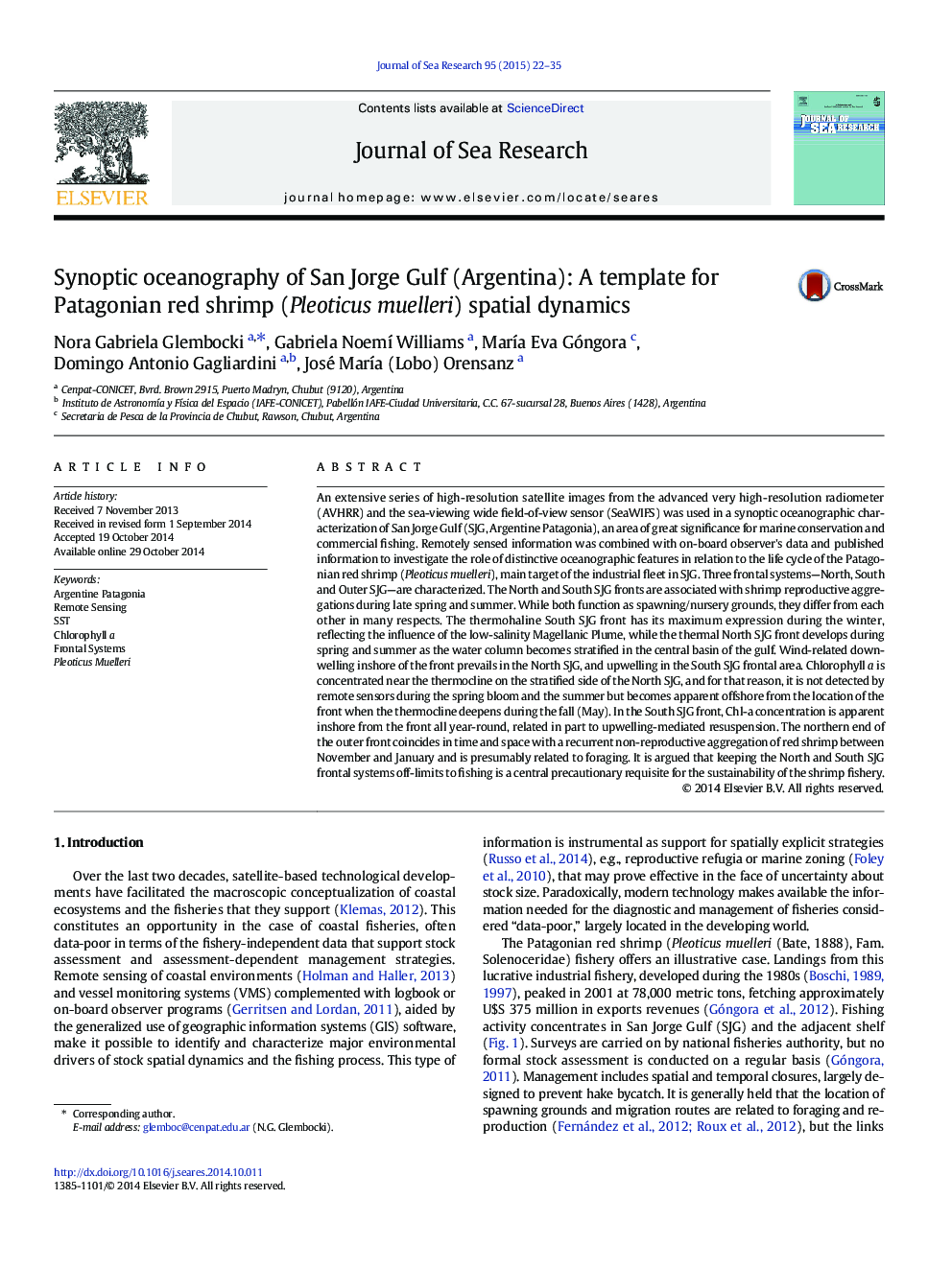 Synoptic oceanography of San Jorge Gulf (Argentina): A template for Patagonian red shrimp (Pleoticus muelleri) spatial dynamics