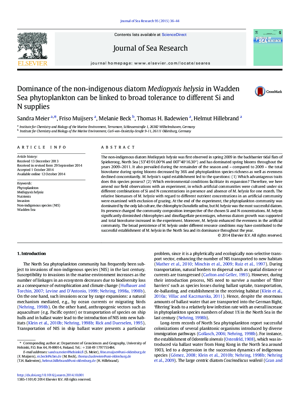 Dominance of the non-indigenous diatom Mediopyxis helysia in Wadden Sea phytoplankton can be linked to broad tolerance to different Si and N supplies