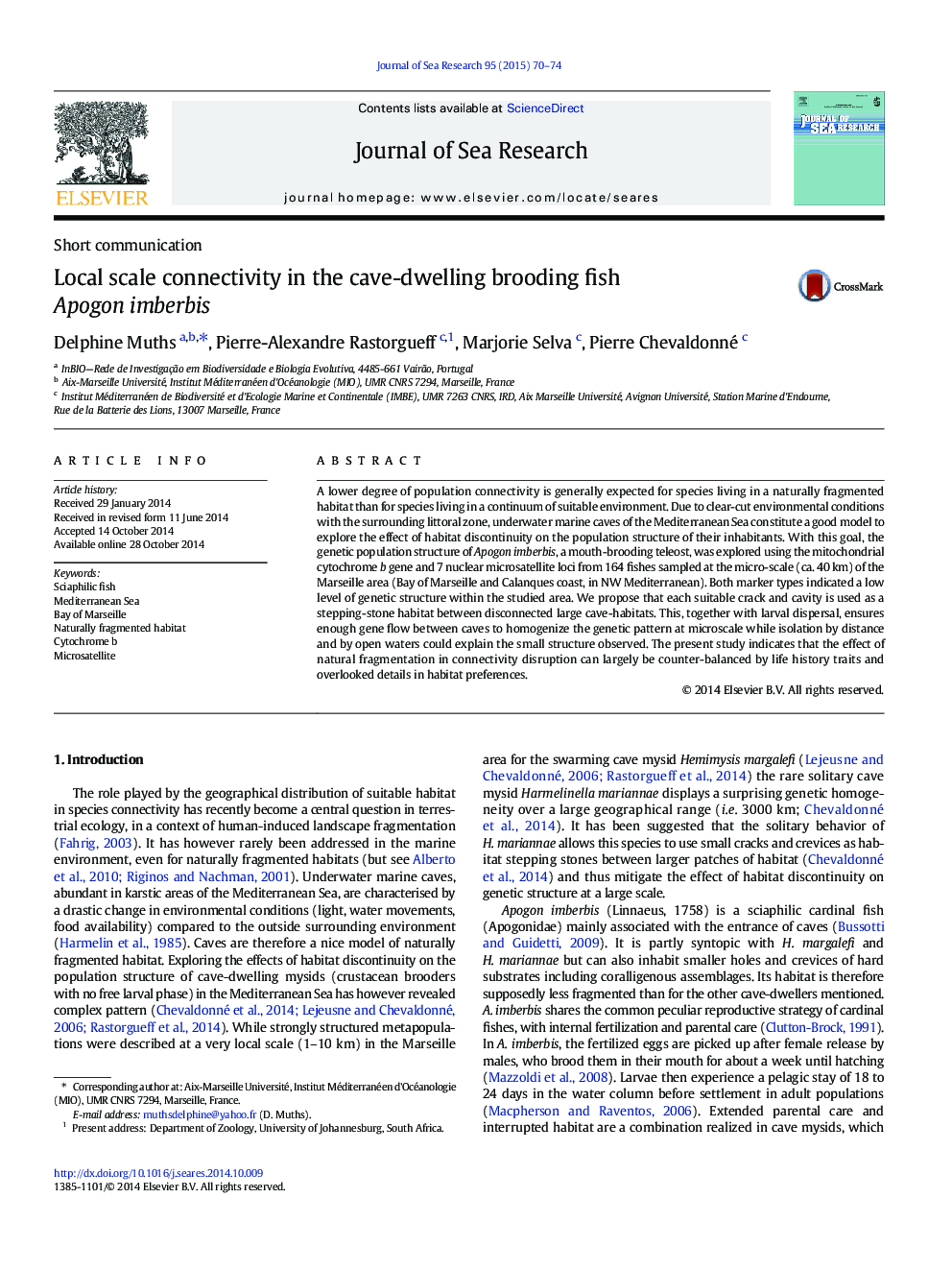 Local scale connectivity in the cave-dwelling brooding fish Apogon imberbis