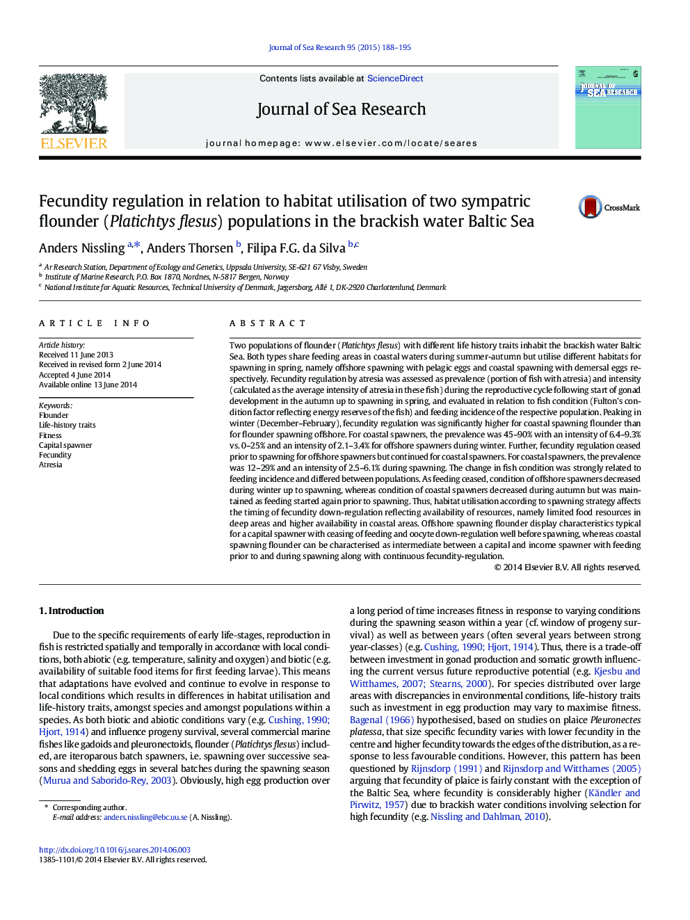 Fecundity regulation in relation to habitat utilisation of two sympatric flounder (Platichtys flesus) populations in the brackish water Baltic Sea