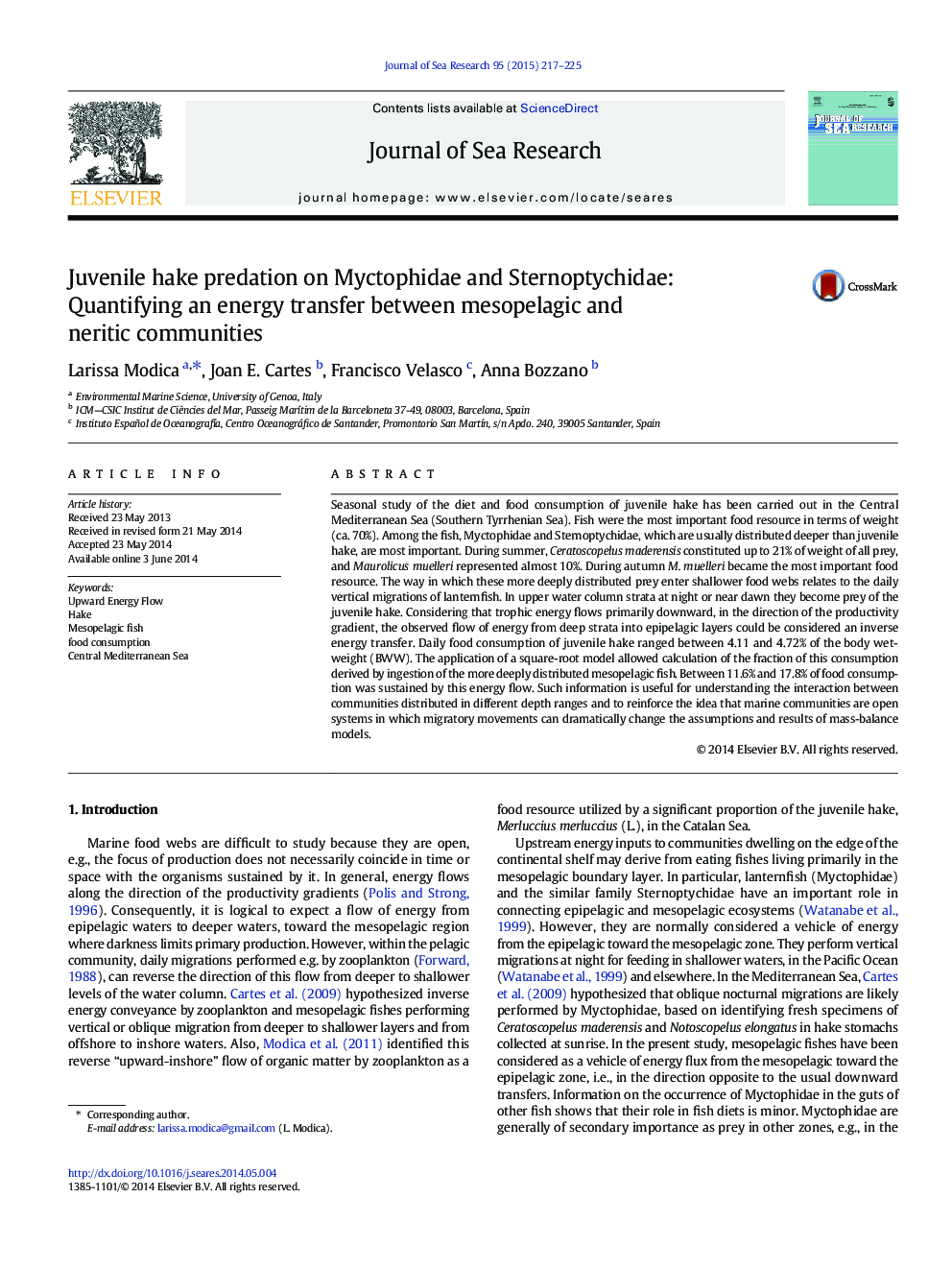 Juvenile hake predation on Myctophidae and Sternoptychidae: Quantifying an energy transfer between mesopelagic and neritic communities