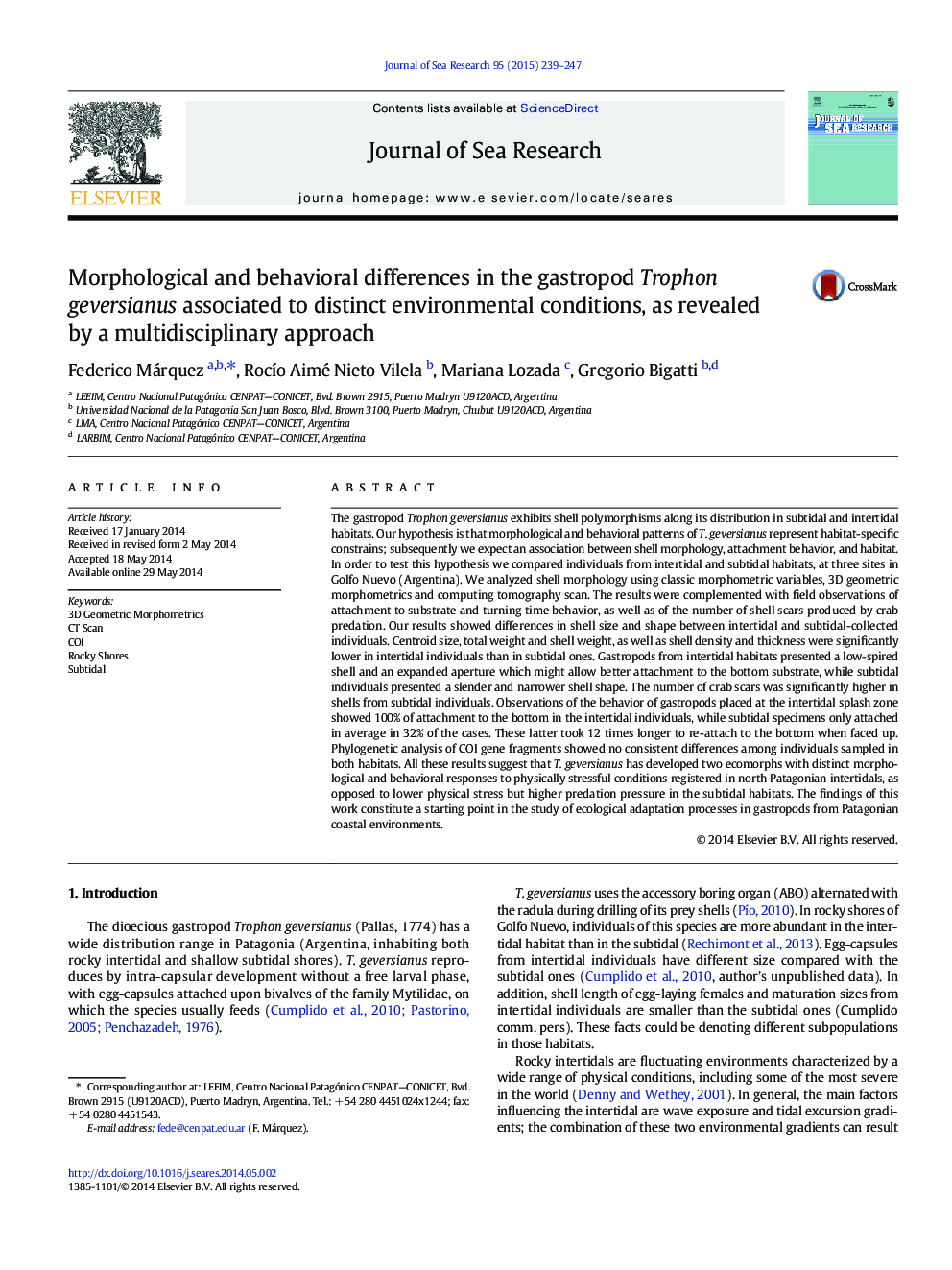 Morphological and behavioral differences in the gastropod Trophon geversianus associated to distinct environmental conditions, as revealed by a multidisciplinary approach