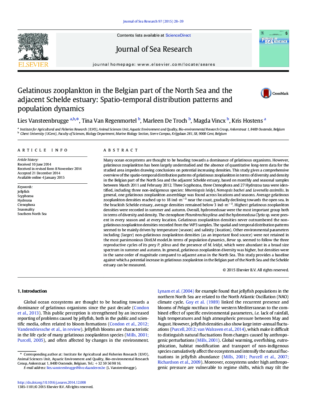 Gelatinous zooplankton in the Belgian part of the North Sea and the adjacent Schelde estuary: Spatio-temporal distribution patterns and population dynamics