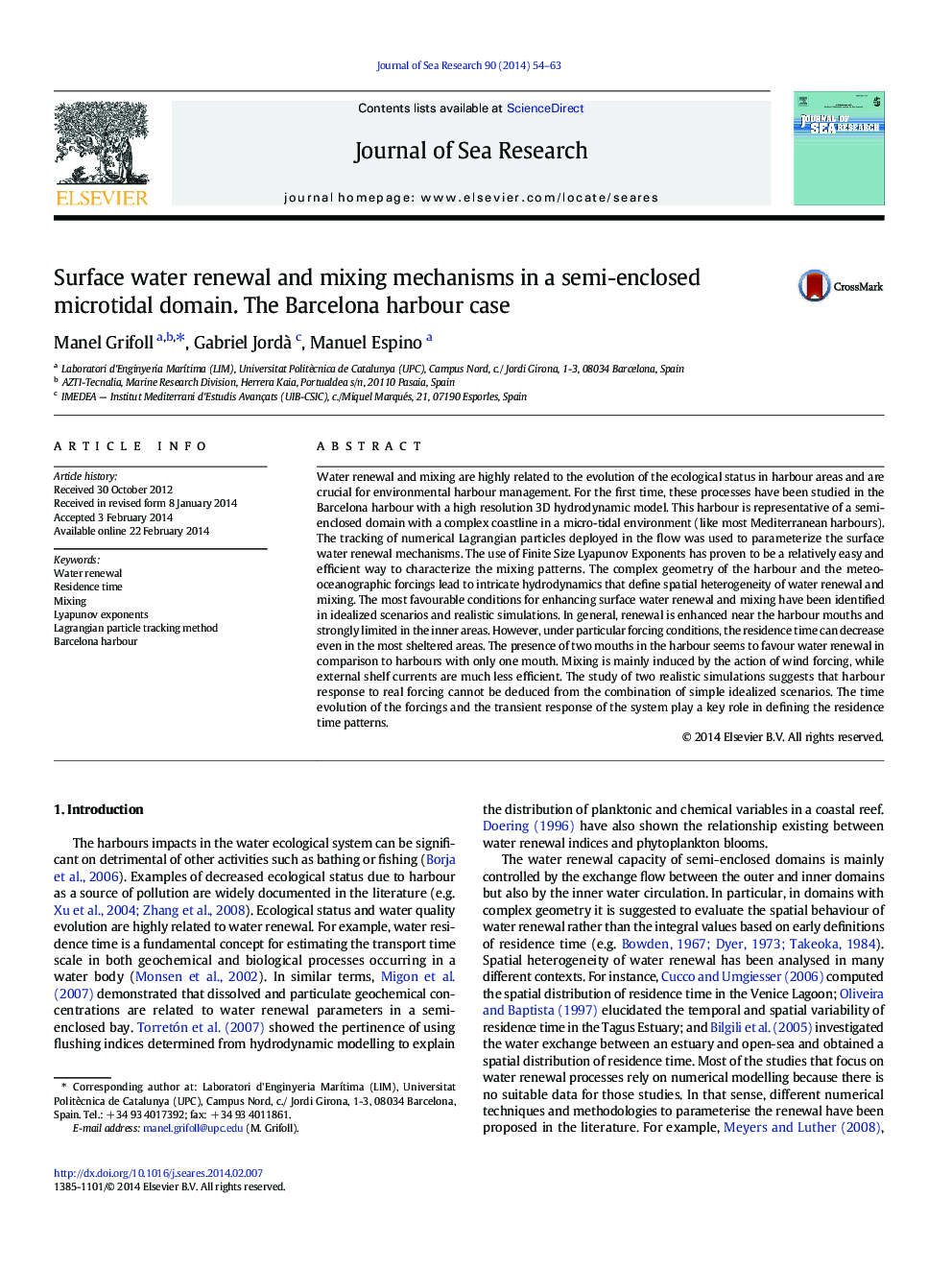 Surface water renewal and mixing mechanisms in a semi-enclosed microtidal domain. The Barcelona harbour case