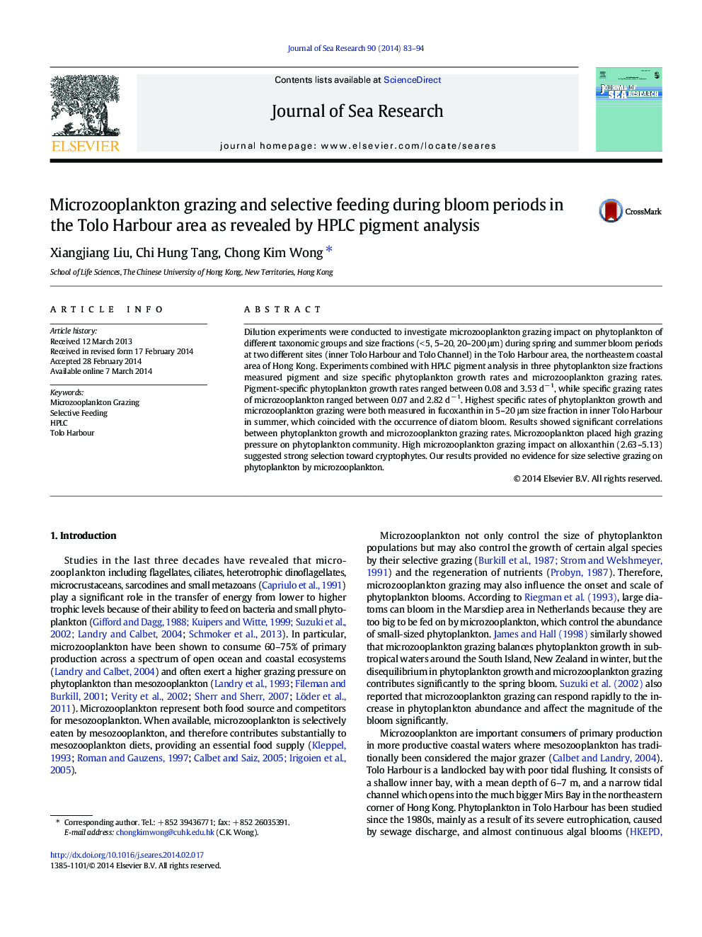 عکس صفحه اول مقاله: Microzooplankton grazing and selective feeding during bloom periods in the Tolo Harbour area as revealed by HPLC pigment analysis Microzooplankton grazing and selective feeding during bloom periods in the Tolo Harbour area as revealed by HPLC pigment analysis