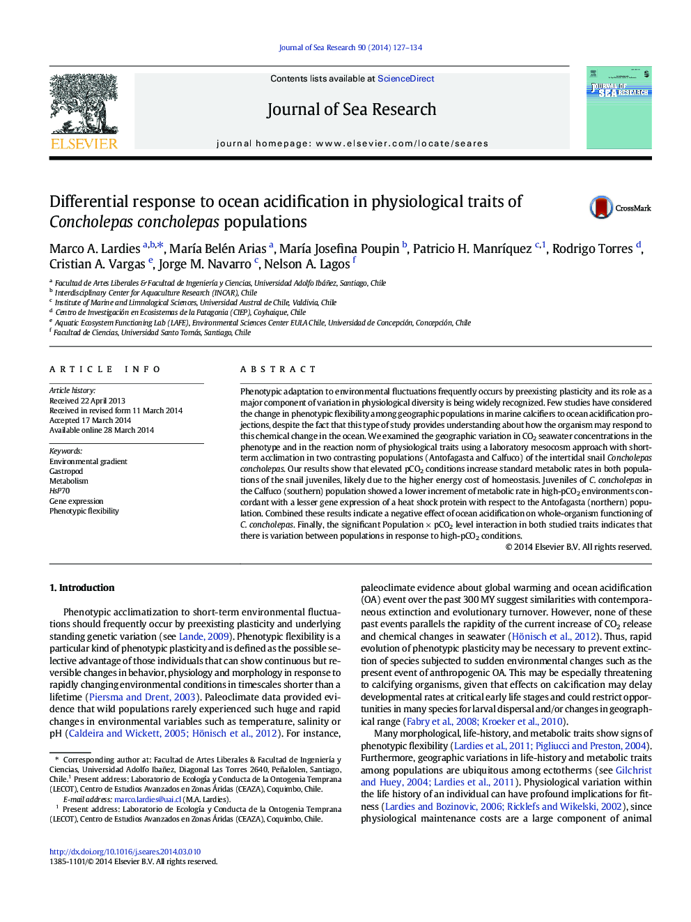 Differential response to ocean acidification in physiological traits of Concholepas concholepas populations