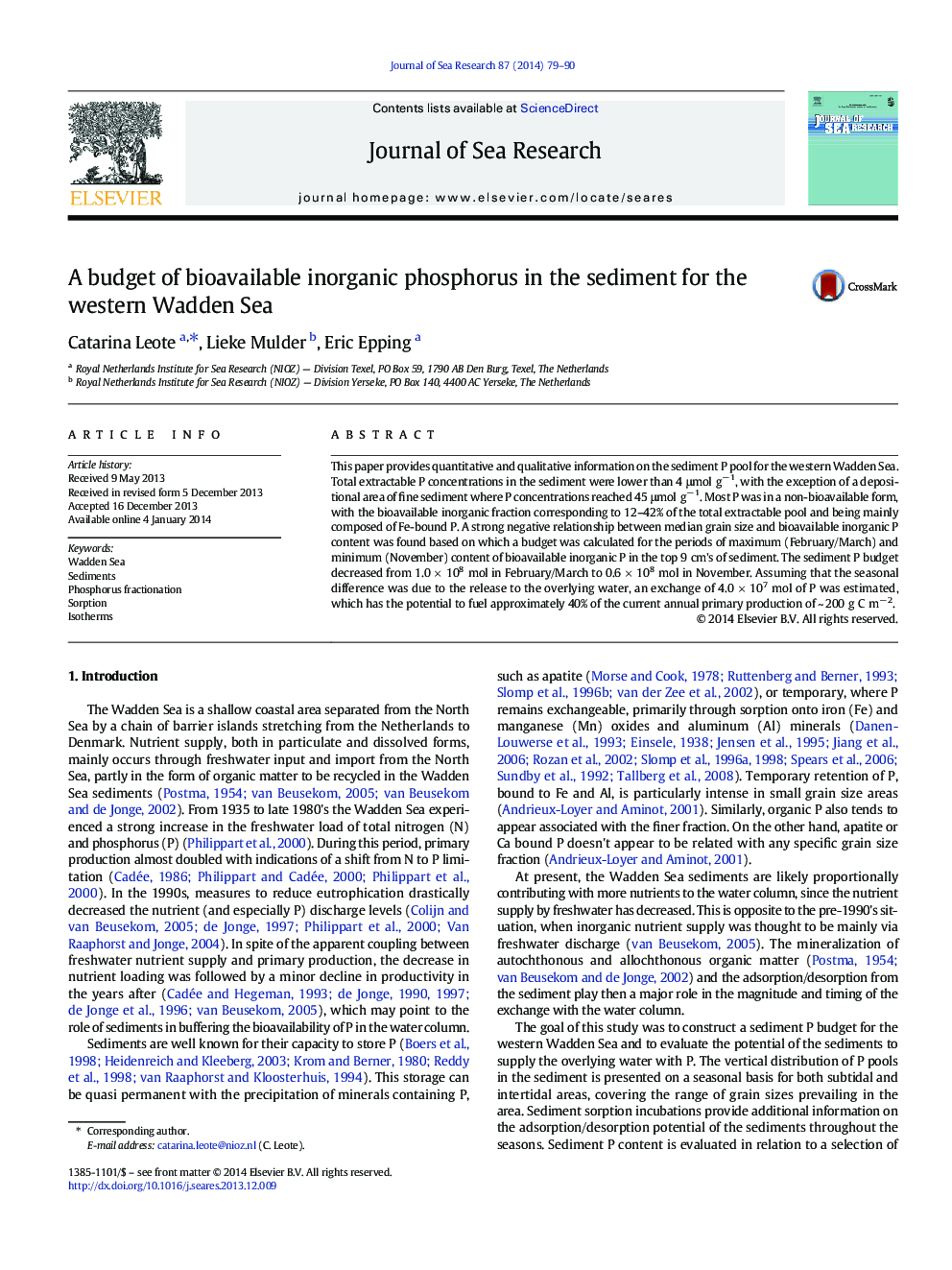 A budget of bioavailable inorganic phosphorus in the sediment for the western Wadden Sea