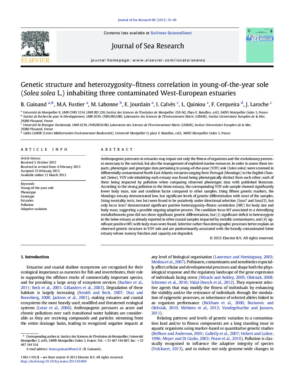 Genetic structure and heterozygosity-fitness correlation in young-of-the-year sole (Solea solea L.) inhabiting three contaminated West-European estuaries