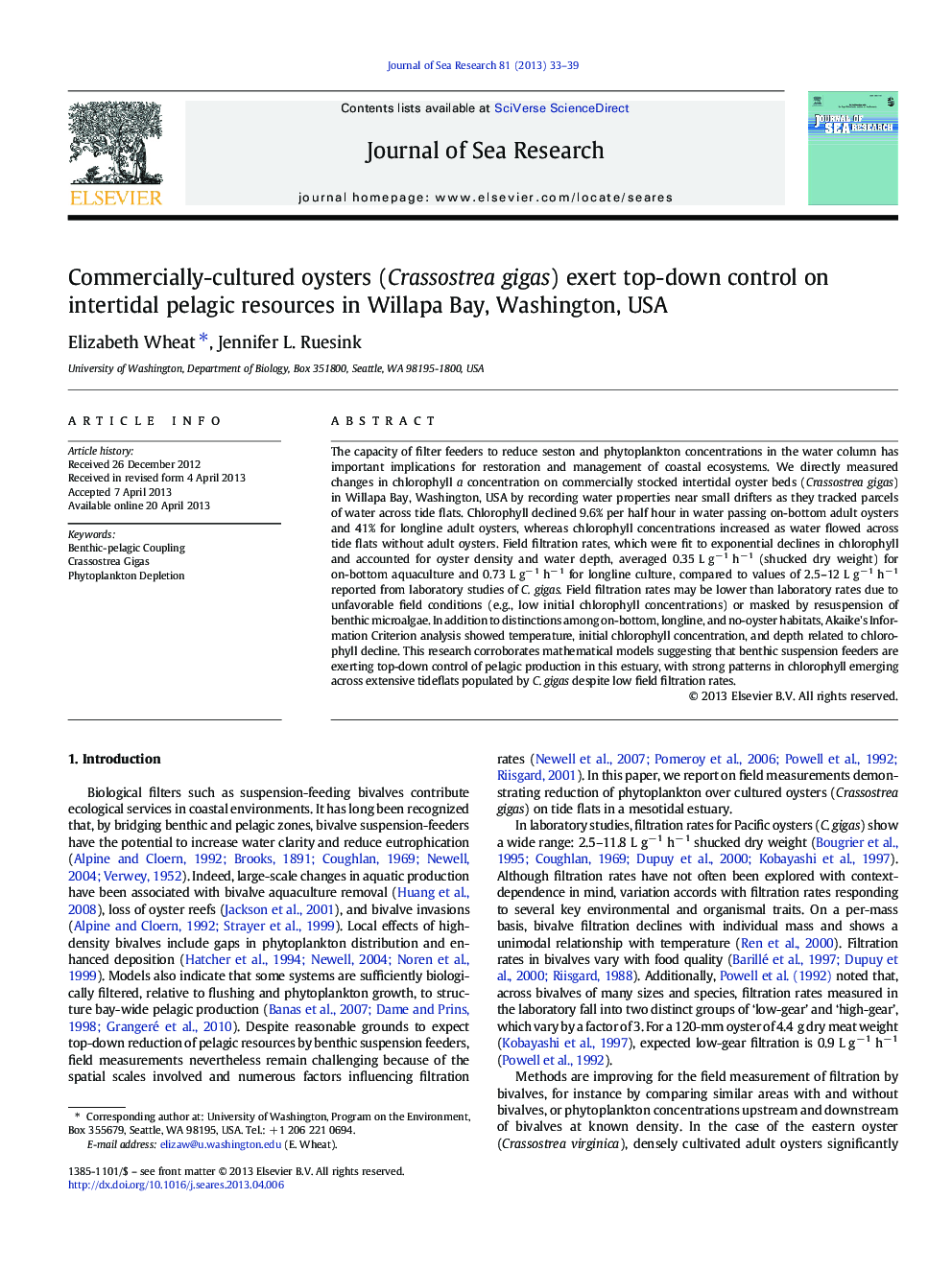 Commercially-cultured oysters (Crassostrea gigas) exert top-down control on intertidal pelagic resources in Willapa Bay, Washington, USA