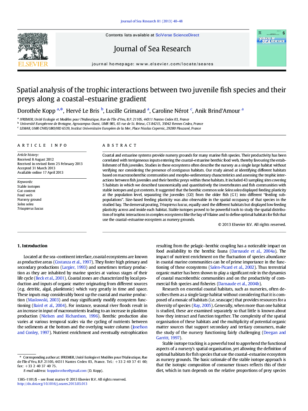 Spatial analysis of the trophic interactions between two juvenile fish species and their preys along a coastal–estuarine gradient