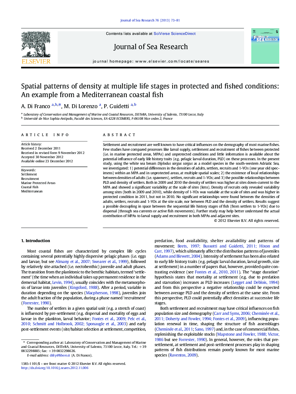 Spatial patterns of density at multiple life stages in protected and fished conditions: An example from a Mediterranean coastal fish