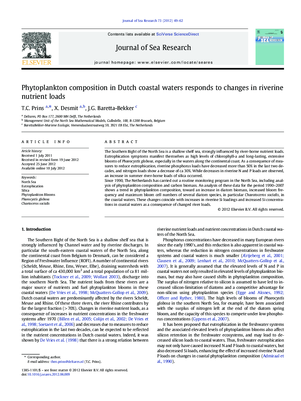عکس صفحه اول مقاله: Phytoplankton composition in Dutch coastal waters responds to changes in riverine nutrient loads Phytoplankton composition in Dutch coastal waters responds to changes in riverine nutrient loads