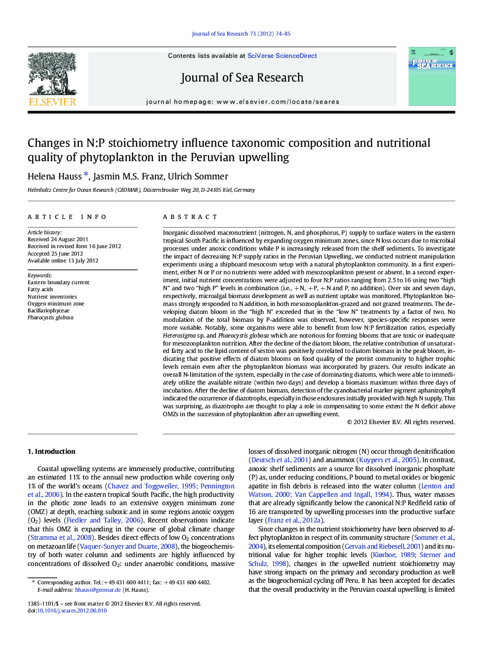 Changes in N:P stoichiometry influence taxonomic composition and nutritional quality of phytoplankton in the Peruvian upwelling