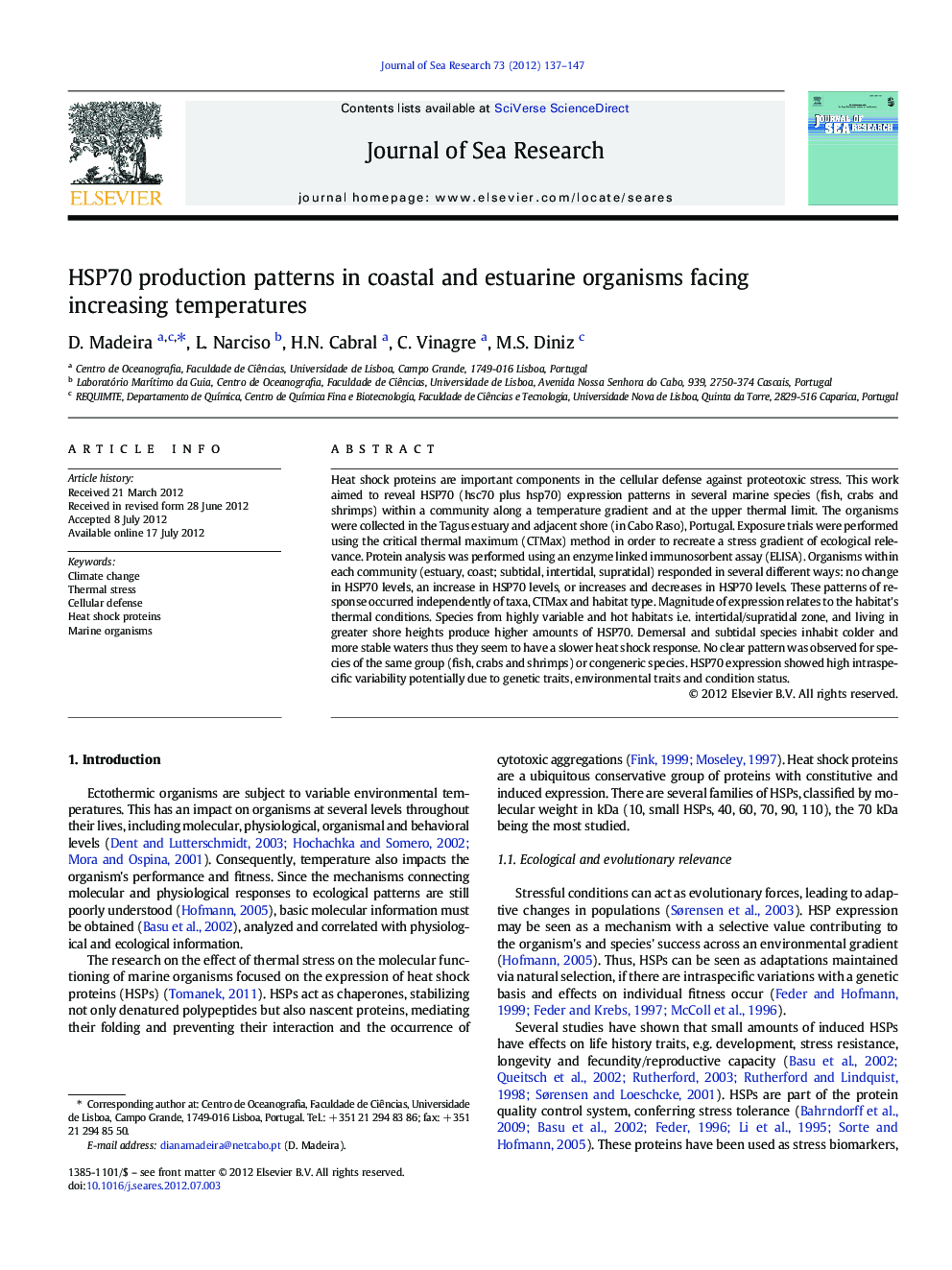 HSP70 production patterns in coastal and estuarine organisms facing increasing temperatures