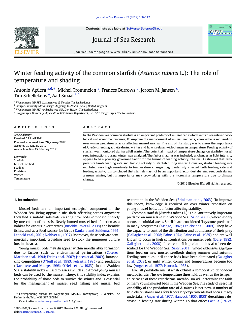 Winter feeding activity of the common starfish (Asterias rubens L.): The role of temperature and shading