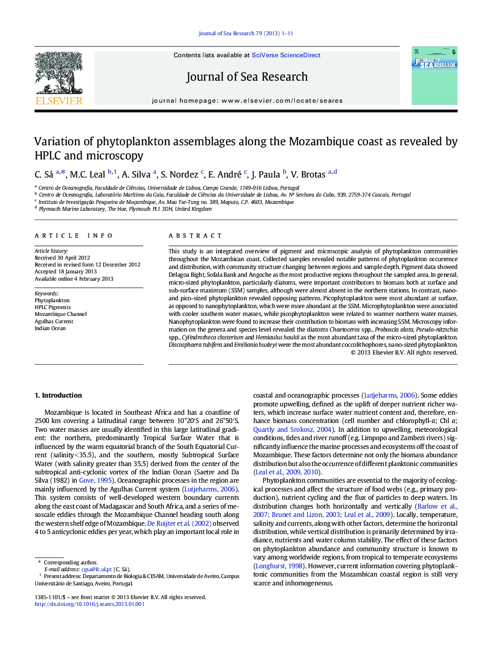 Variation of phytoplankton assemblages along the Mozambique coast as revealed by HPLC and microscopy