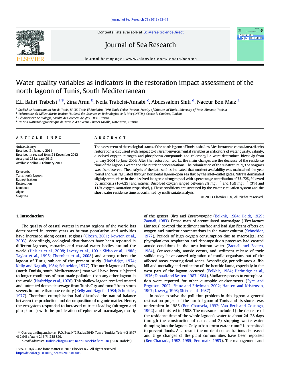 Water quality variables as indicators in the restoration impact assessment of the north lagoon of Tunis, South Mediterranean