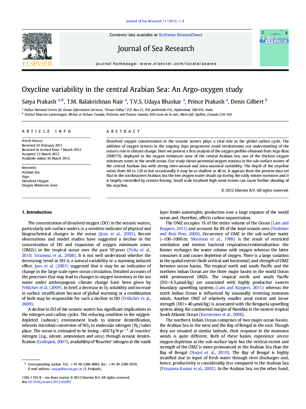 Oxycline variability in the central Arabian Sea: An Argo-oxygen study