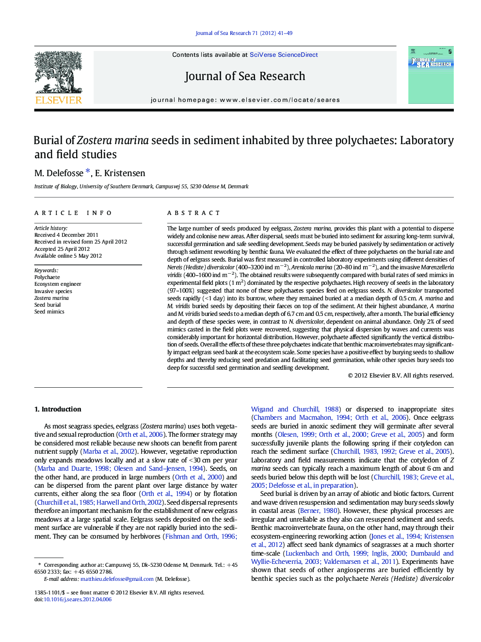 Burial of Zostera marina seeds in sediment inhabited by three polychaetes: Laboratory and field studies