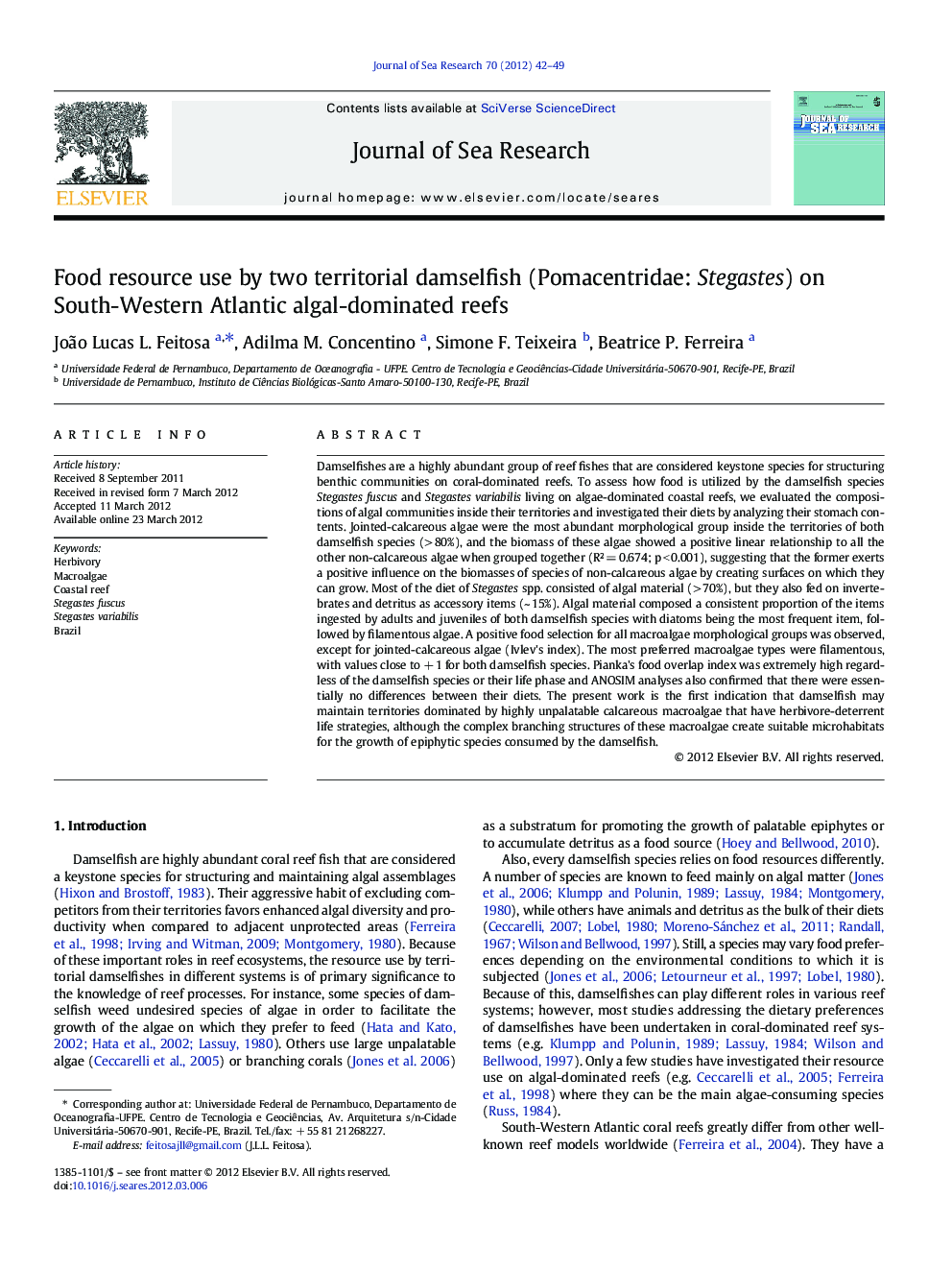 Food resource use by two territorial damselfish (Pomacentridae: Stegastes) on South-Western Atlantic algal-dominated reefs