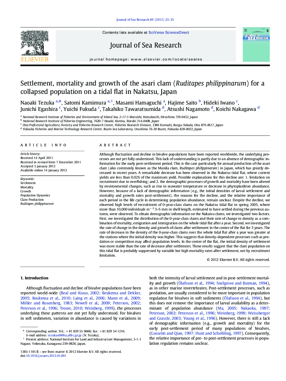 Settlement, mortality and growth of the asari clam (Ruditapes philippinarum) for a collapsed population on a tidal flat in Nakatsu, Japan