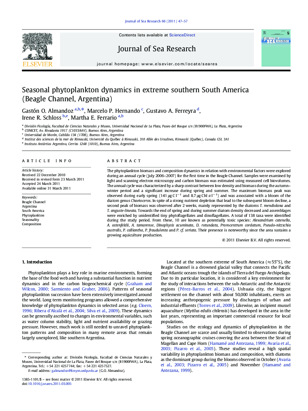 Seasonal phytoplankton dynamics in extreme southern South America (Beagle Channel, Argentina)