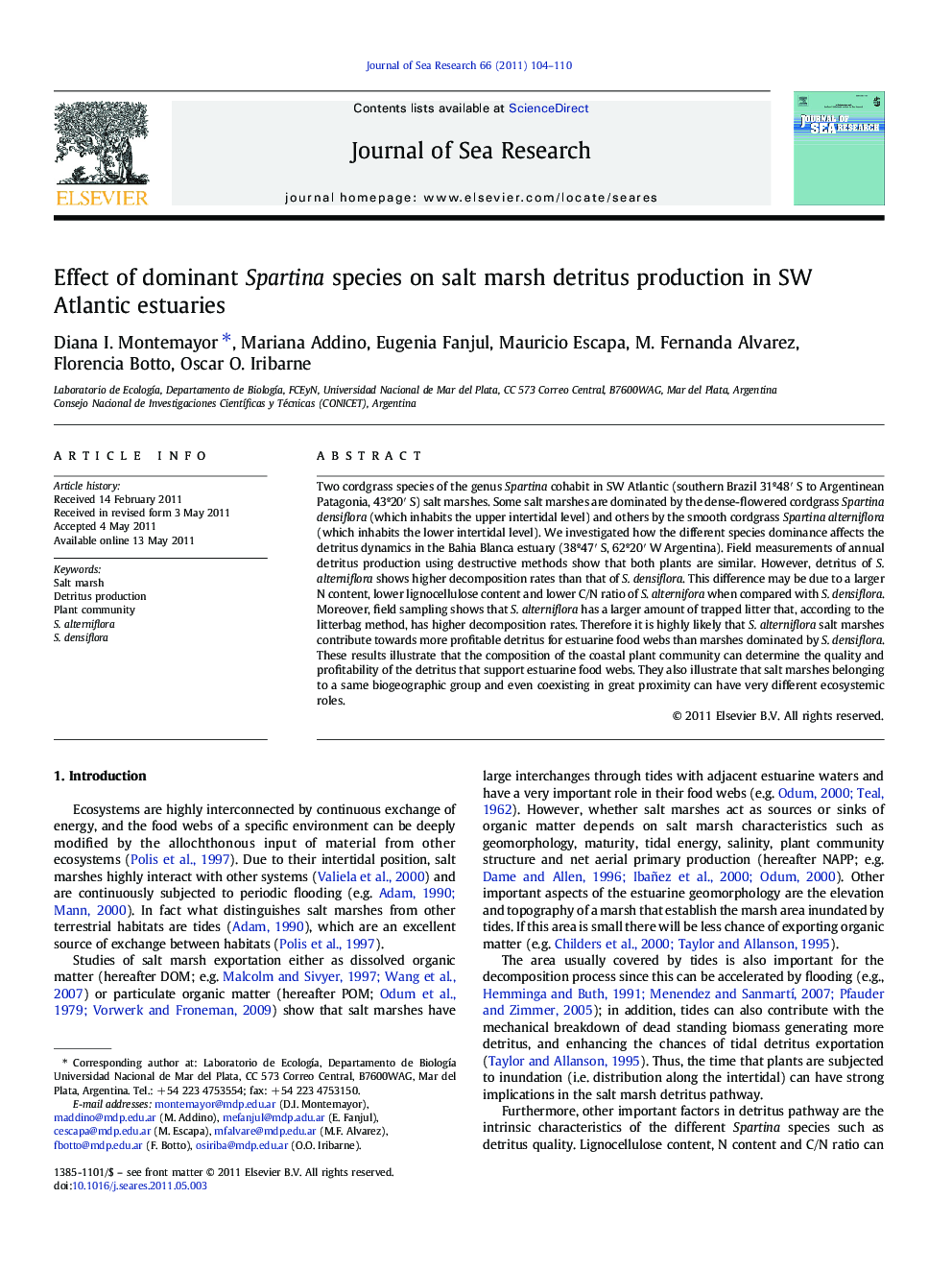 Effect of dominant Spartina species on salt marsh detritus production in SW Atlantic estuaries