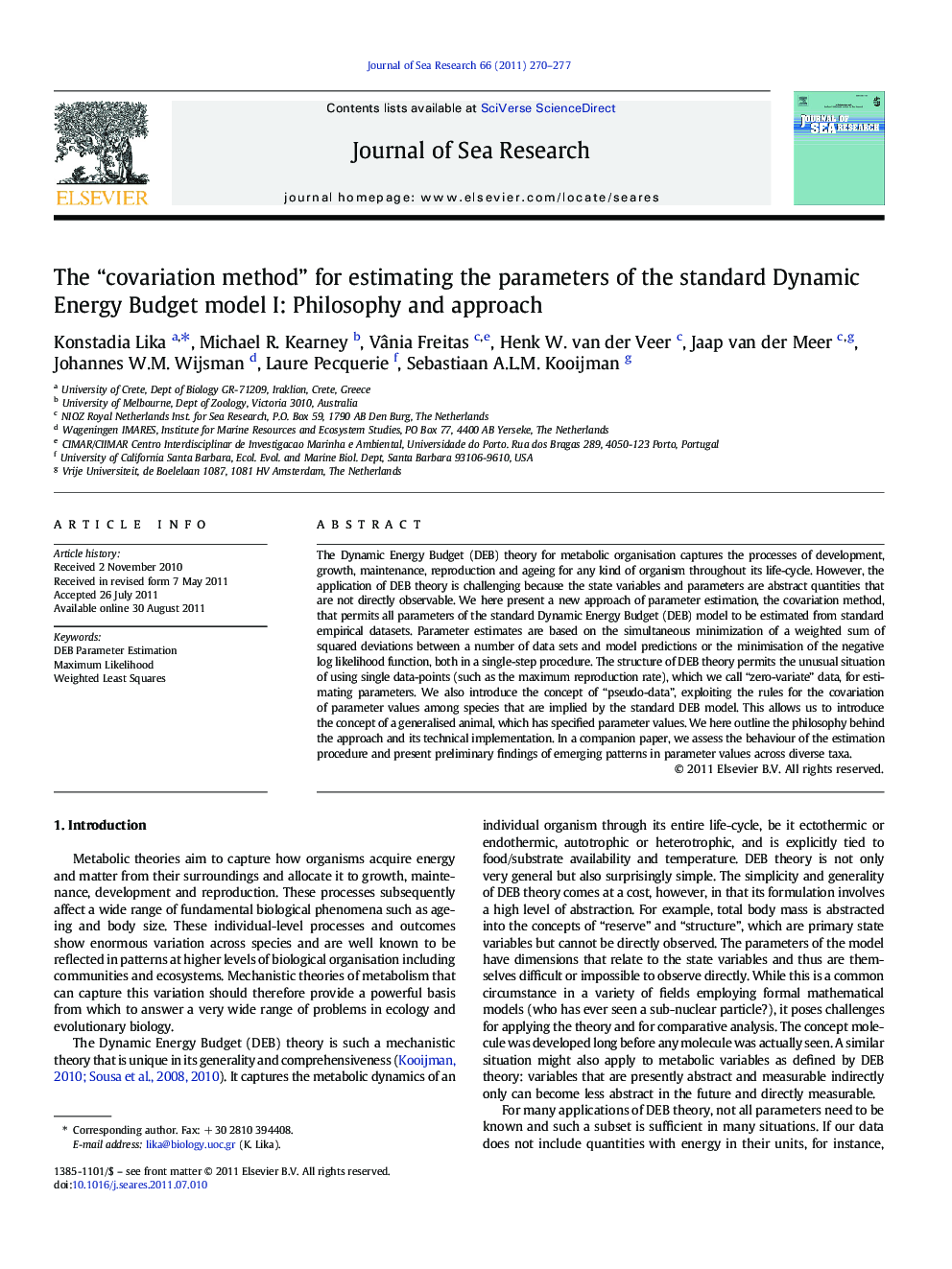 The “covariation method” for estimating the parameters of the standard Dynamic Energy Budget model I: Philosophy and approach