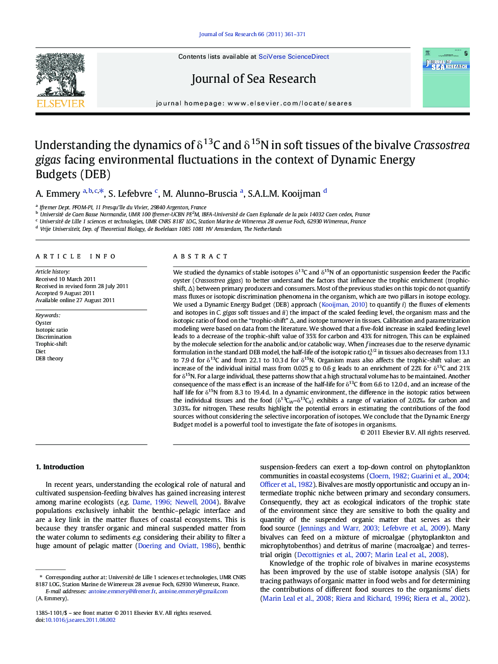 Understanding the dynamics of δ13C and δ15N in soft tissues of the bivalve Crassostrea gigas facing environmental fluctuations in the context of Dynamic Energy Budgets (DEB)