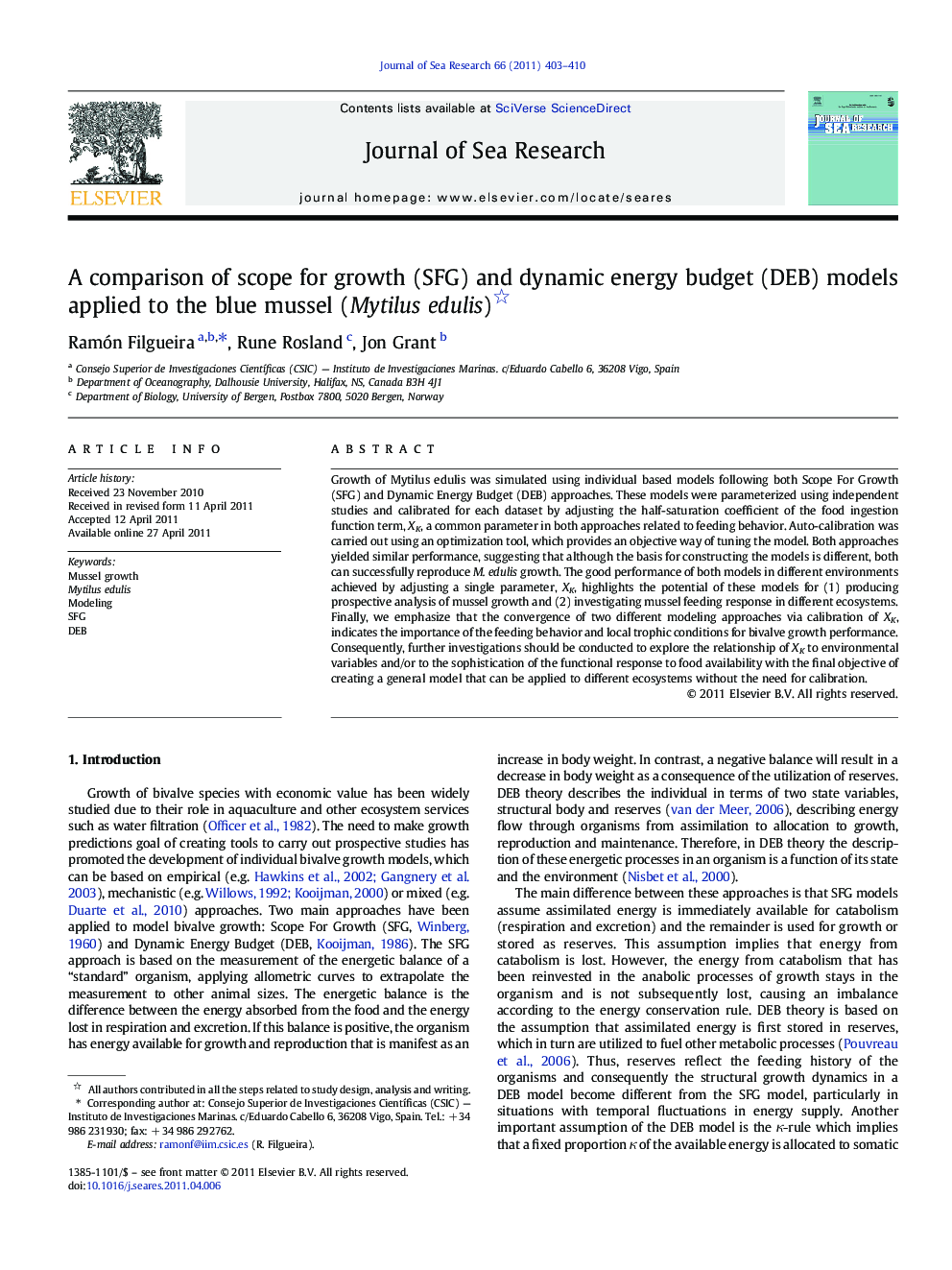 A comparison of scope for growth (SFG) and dynamic energy budget (DEB) models applied to the blue mussel (Mytilus edulis) 