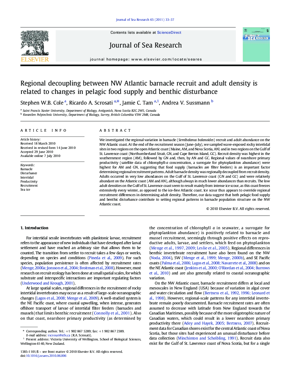 Regional decoupling between NW Atlantic barnacle recruit and adult density is related to changes in pelagic food supply and benthic disturbance